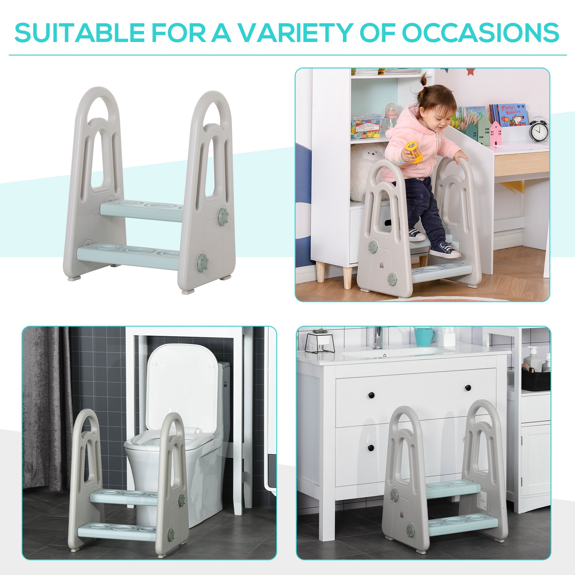 HOMCOM Kids Toddler Step Stool Ladder Kitchen Helper for Toilet Potty Training Bathroom Sink Bedroom Blue and Grey - North Peak Garden Furniture