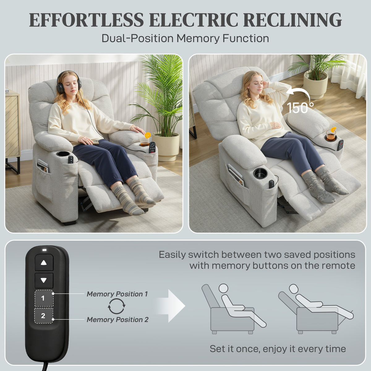 HOMCOM Electric Massage Recliner Armchair with Vibration, Heat, Whisper-Quiet Motor, Memory Function, Fleece Power Reclining Chair with Spring Pack, USB Port, Footrest, Side Pocket, Grey