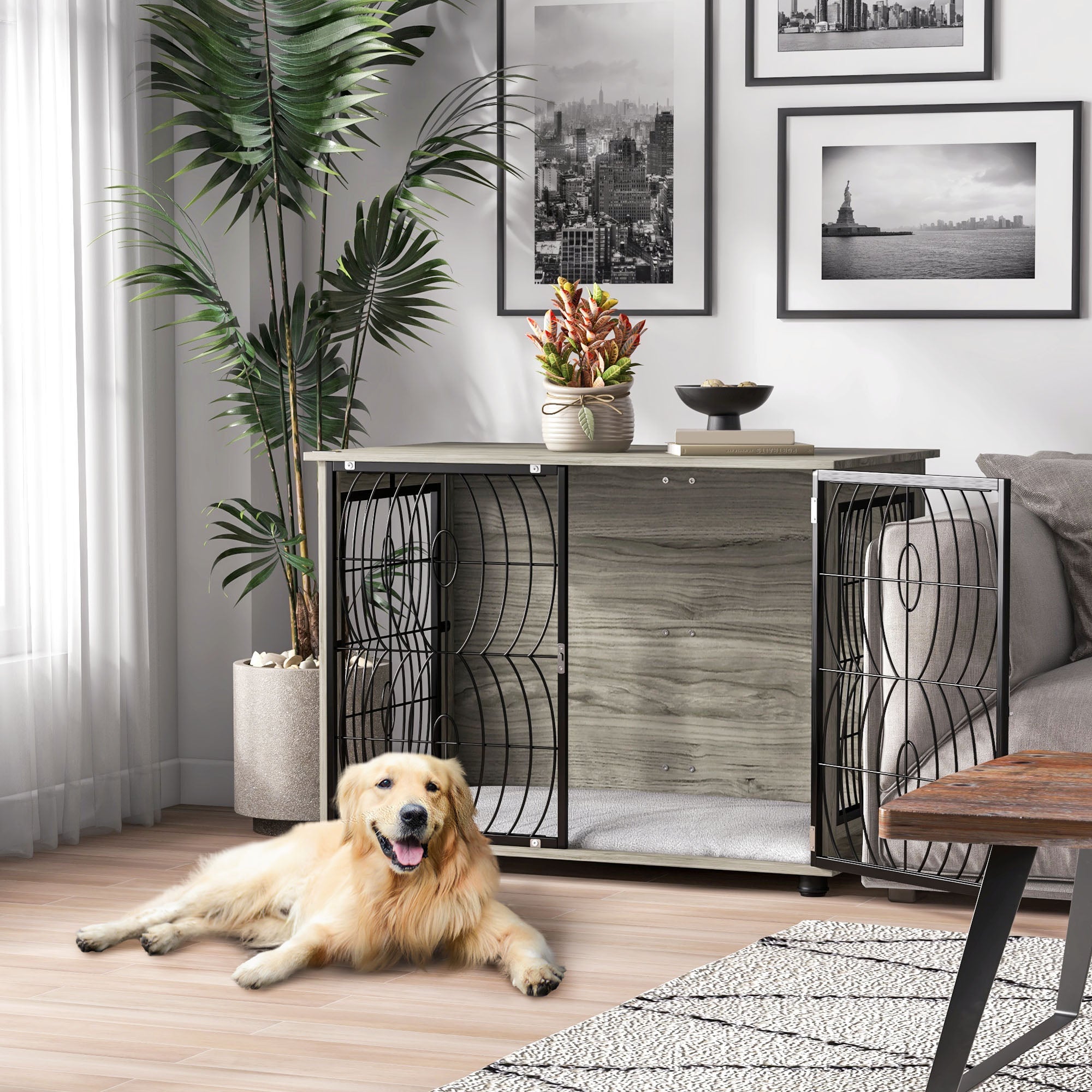 PawHut Dog Crate Furniture End Table w/ Plush Washable Cushion, Lockable Door, for Large Dogs - North Peak Garden Furniture