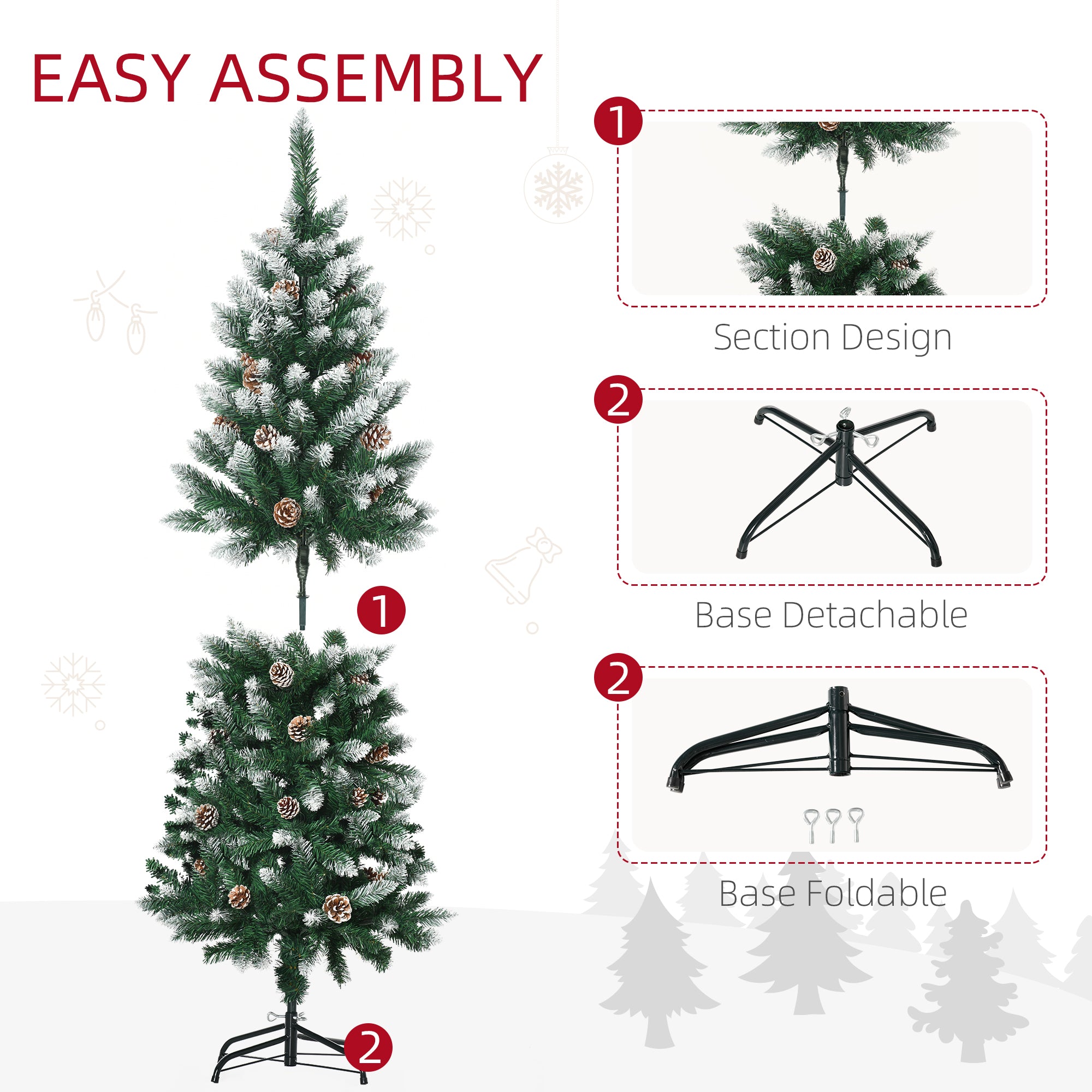 HOMCOM 5 Ft Snow Artificial Christmas Tree with Realistic Branches, Pine Cone, for Indoor Decoration, Green White - North Peak Garden Furniture