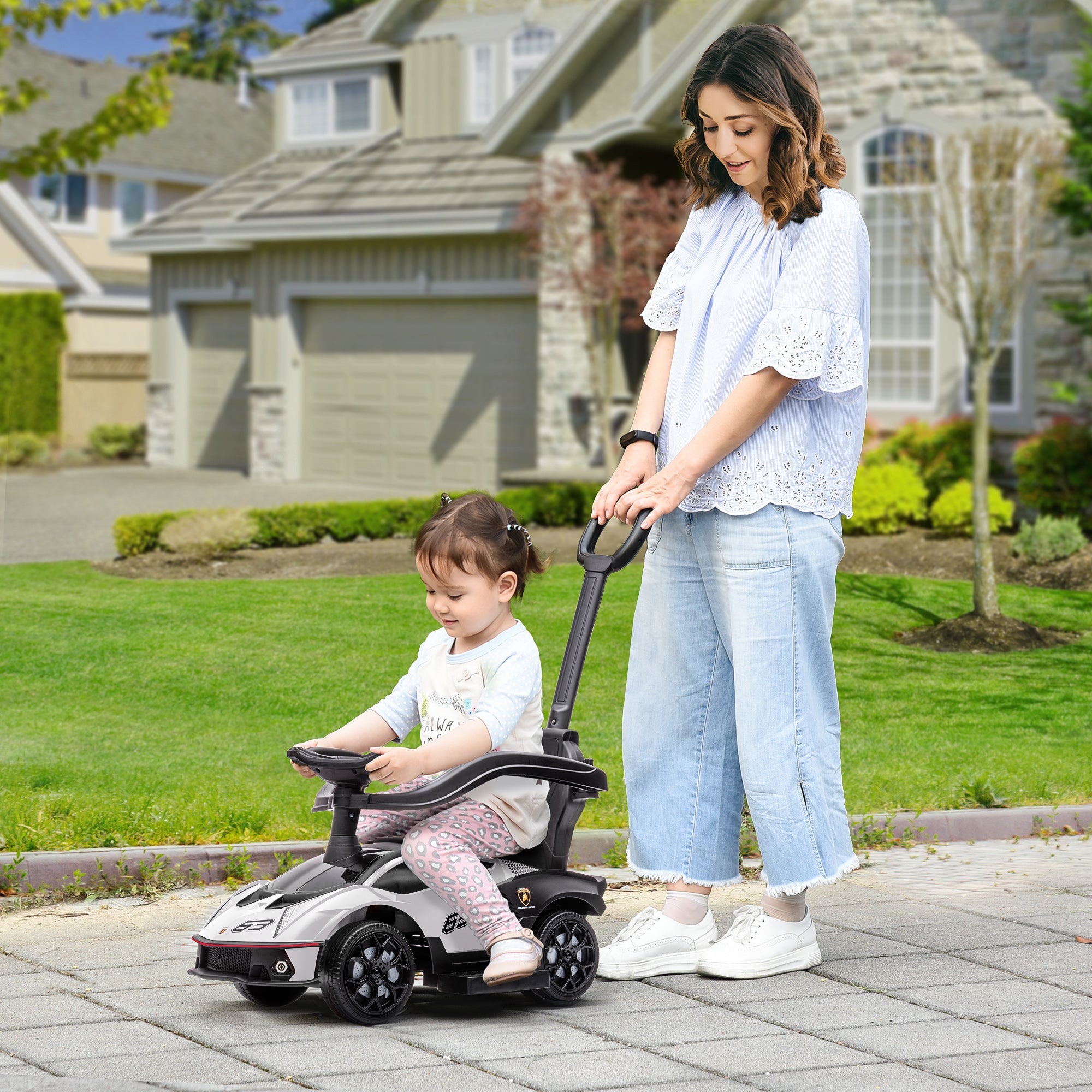 AIYAPLAY Licensed 2 in 1 Baby Ride on Push Car Toddler Push Along Car with Parent Handle Sliding Car with Horn Steering Wheel NO POWER for 1 - 3 Years, White - North Peak Garden Furniture