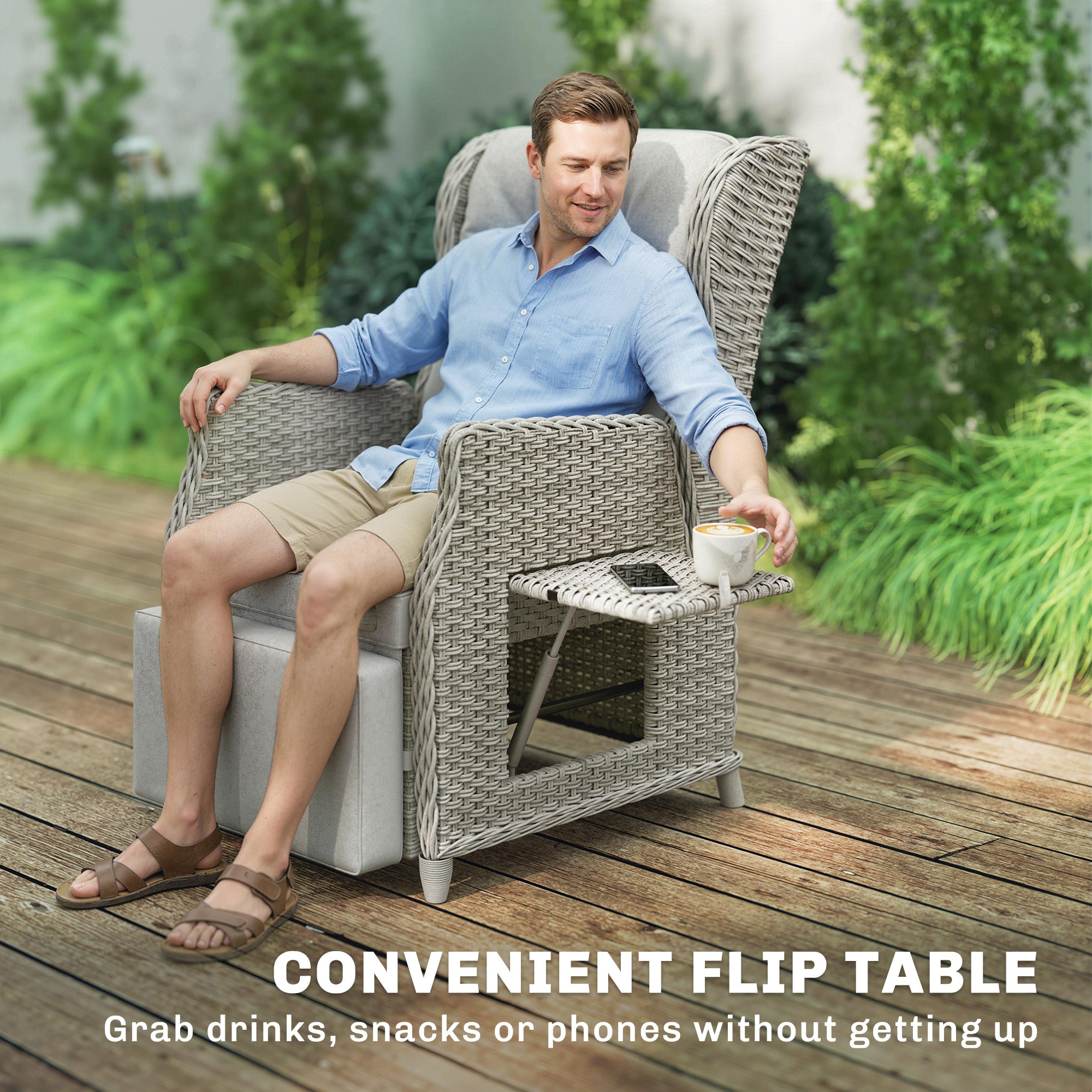 Outsunny Rattan Garden Recliner Chair, Reclining Garden Chair with Adjustable Back and Footrest, Flip Table, Cushion, Light Grey