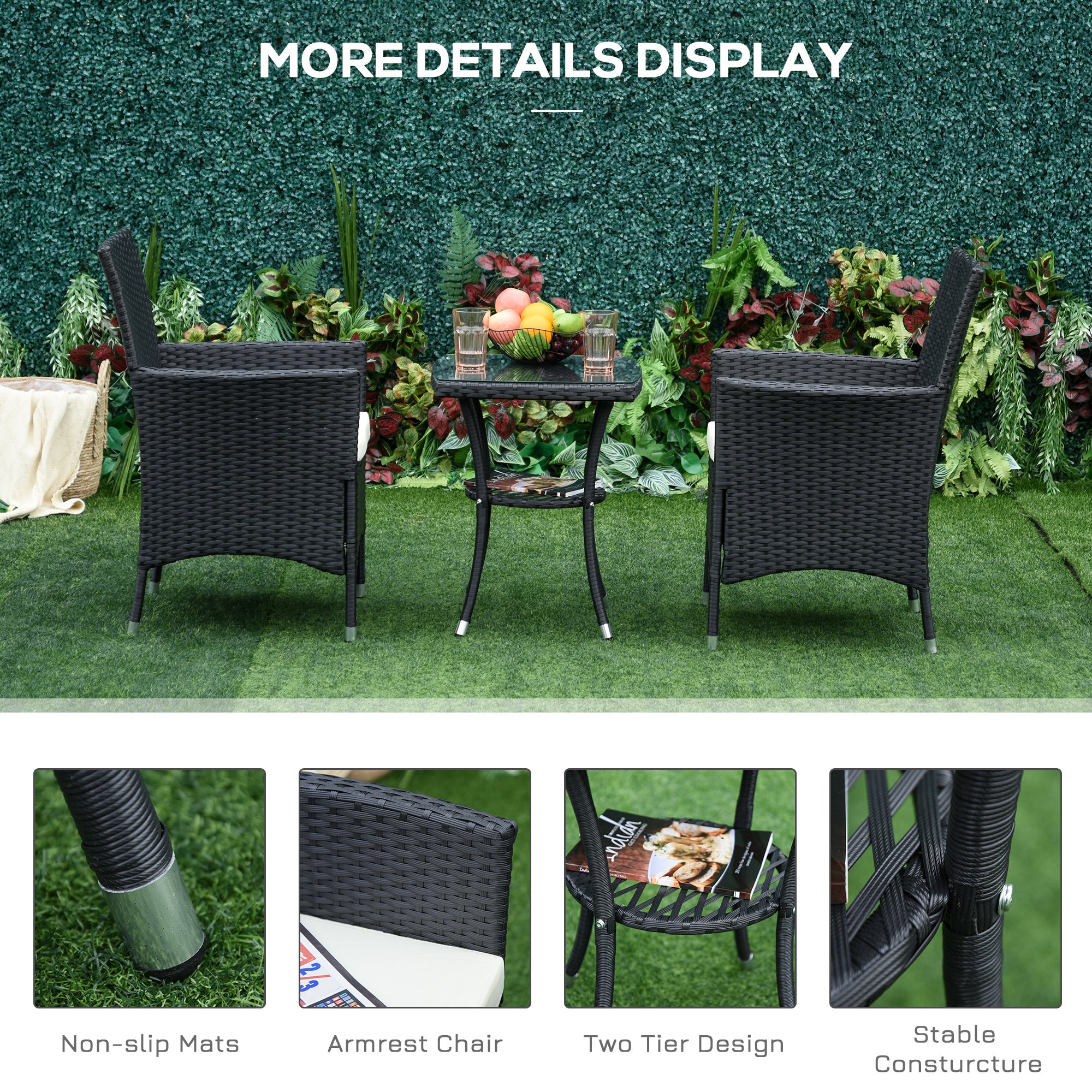 Outsunny 3 Pieces Rattan Bistro Set, Wicker Garden Furniture Set with 2-Tier Coffee Table and Chairs, Cushions, for Outdoor Patio Balcony, Black - North Peak Garden Furniture