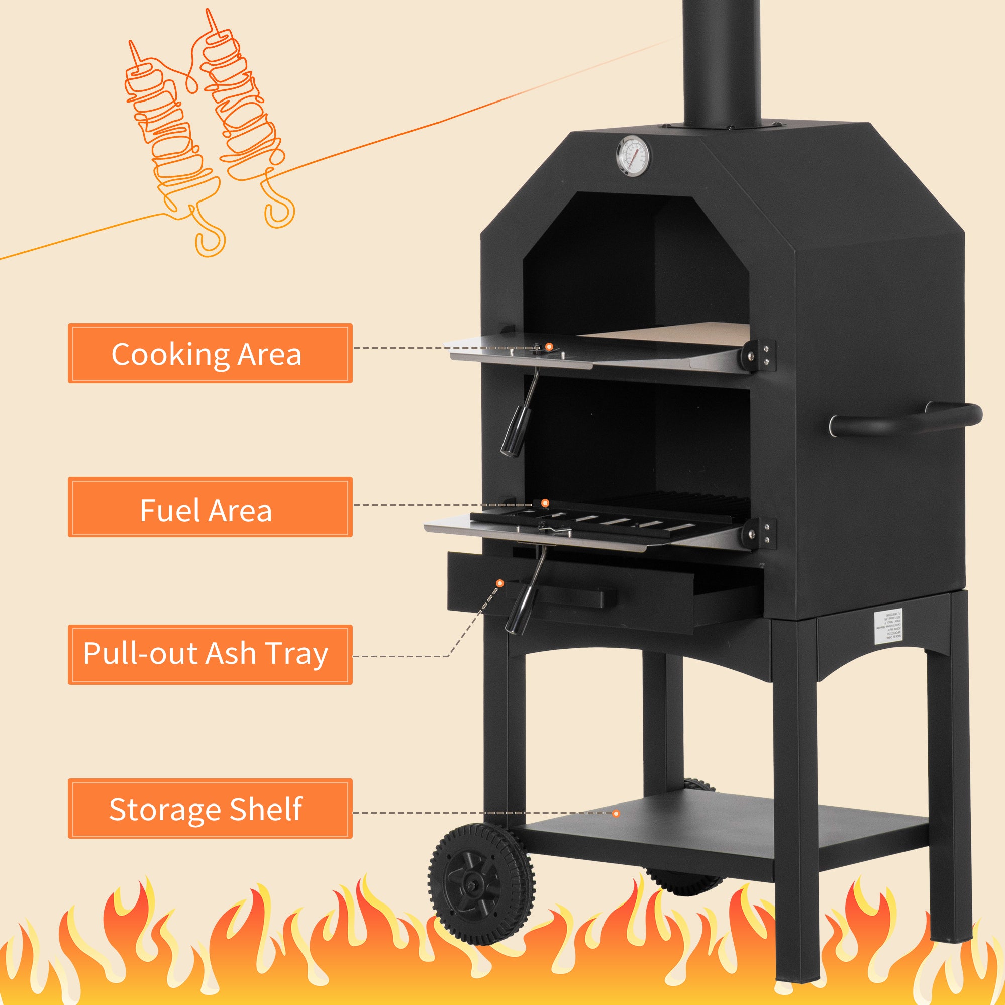 Outsunny Outdoor Garden Pizza Oven Charcoal BBQ Grill 3-Tier Freestanding w/ Chimney, Mesh Shelf, Thermometer Handles, Wheels Garden Party Gathering Stainless Steel Cooker - North Peak Garden Furniture