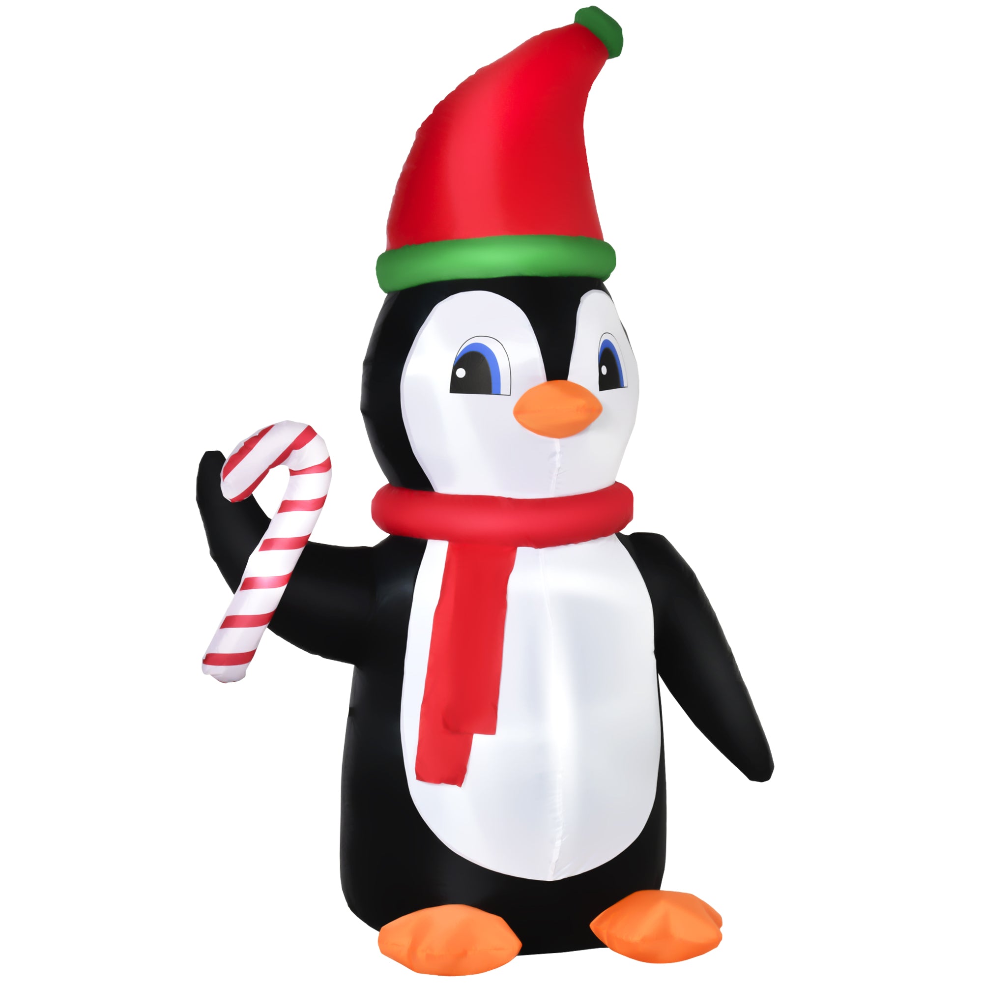 HOMCOM 8ft Inflatable Christmas Penguin Holding Candy Cane Blow Up Outdoor Decoration with LED Lights for Holiday - North Peak Garden Furniture