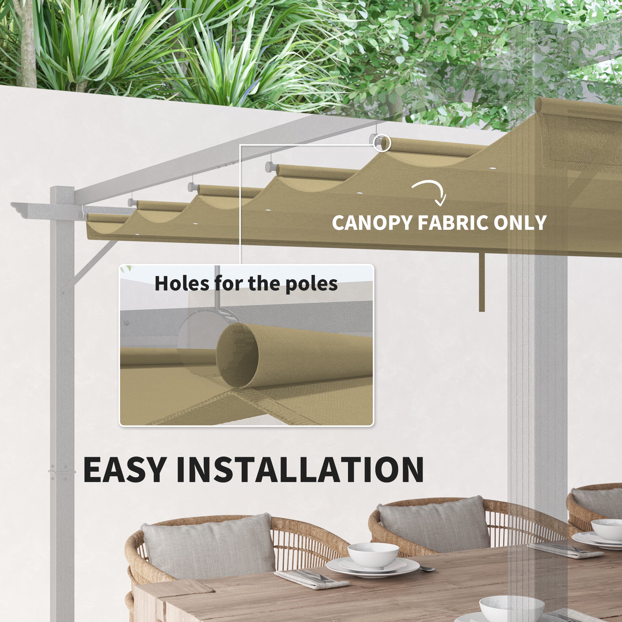 Outsunny Retractable Pergola Shade Cover, Replacement Canopy for 4 x 3 (m) Pergola, Retractable Roof, Tan - North Peak Garden Furniture