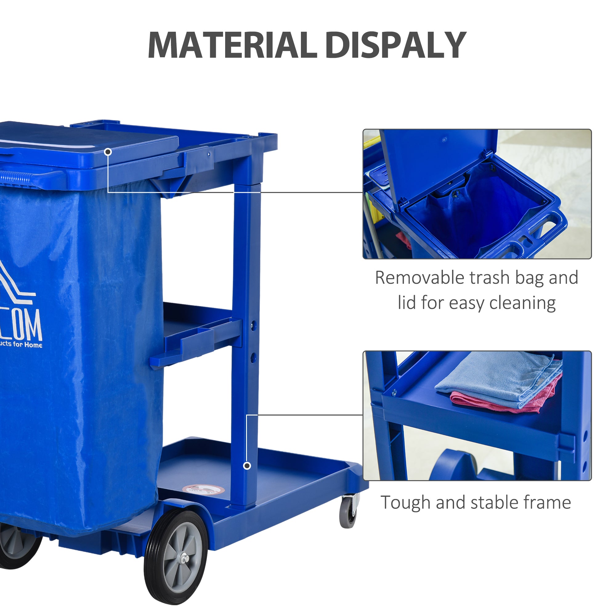 HOMCOM Janitor Cleaning Trolley, with Bin, Shelves and Hooks - Blue - North Peak Garden Furniture