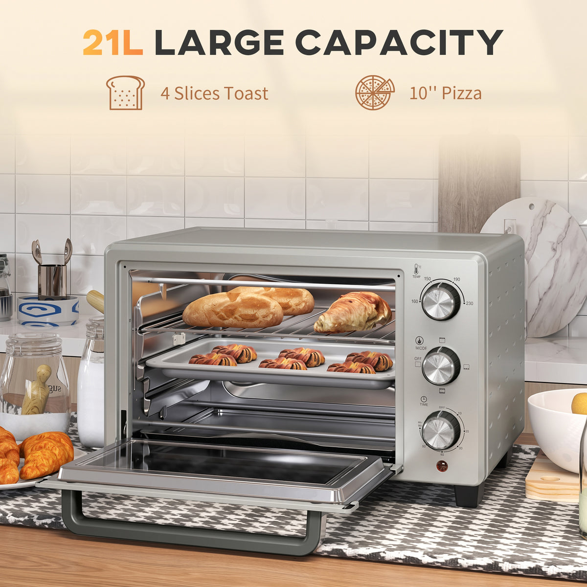 HOMCOM 21L Mini Countertop Oven, 100°C-230°C Adjustable Temp - Silver Tone