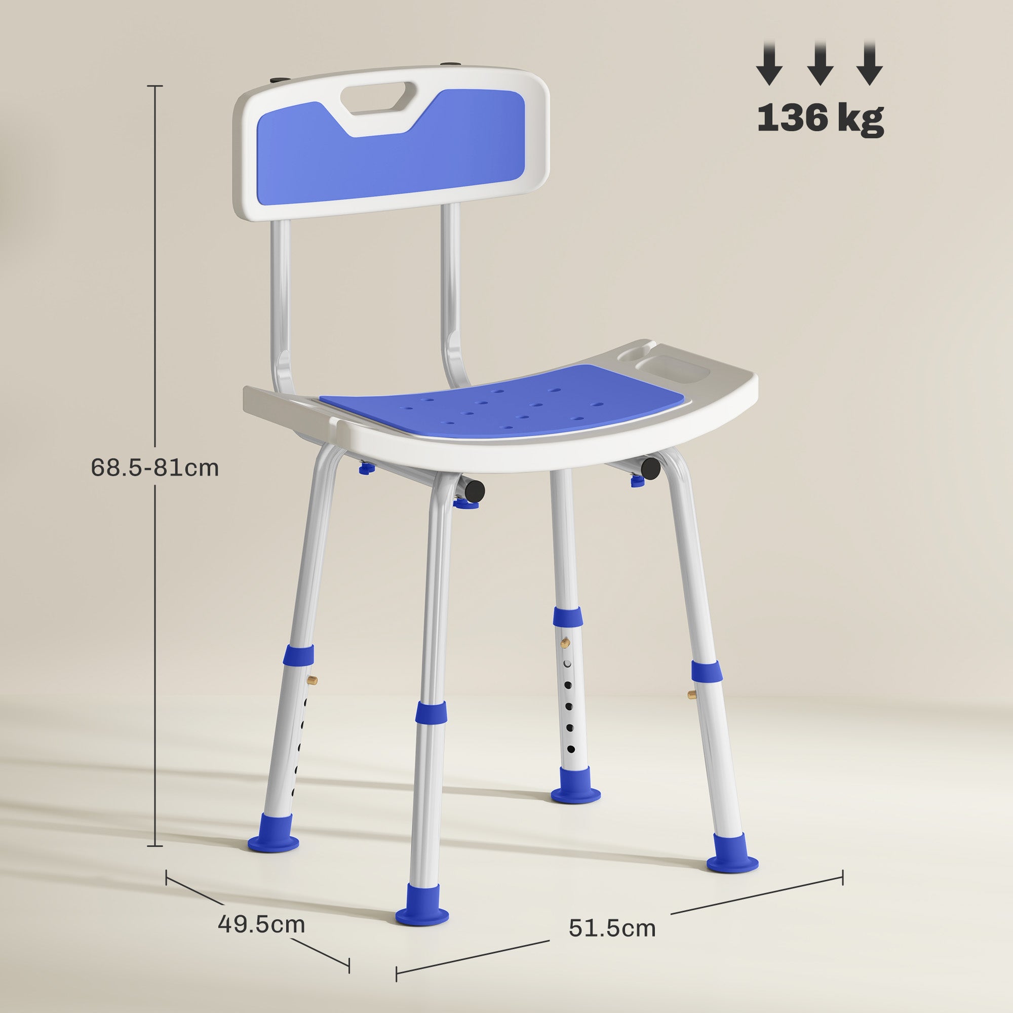 HOMCOM Shower Stool with Backrest, Height Adjustable Shower Chair with Anti-slip Foot Pads, Shower Head Holder, Blue