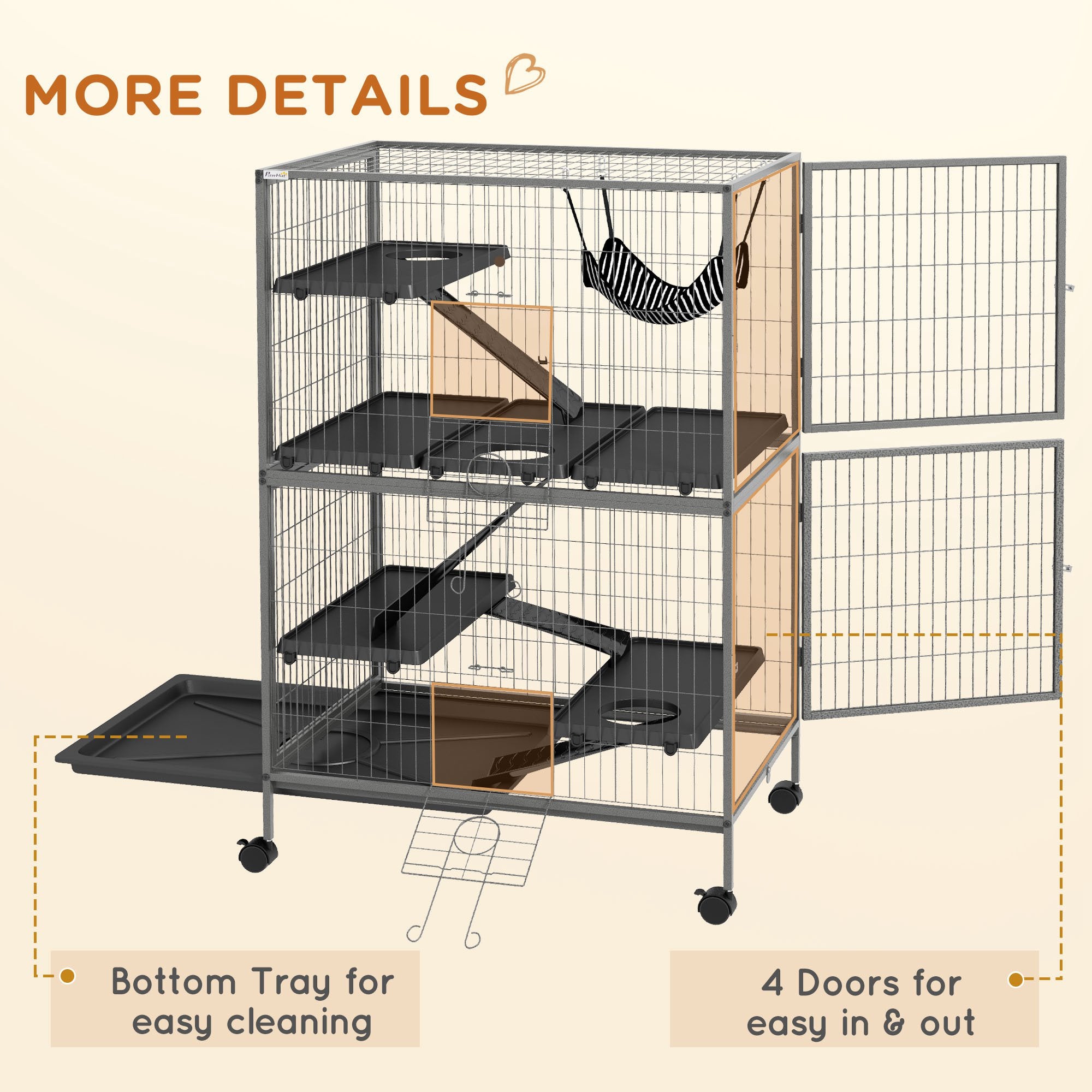 PawHut Small Animal Cage for Chinchilla Ferret Kitten on Wheels with Hammock Removable Tray, Grey - North Peak Garden Furniture