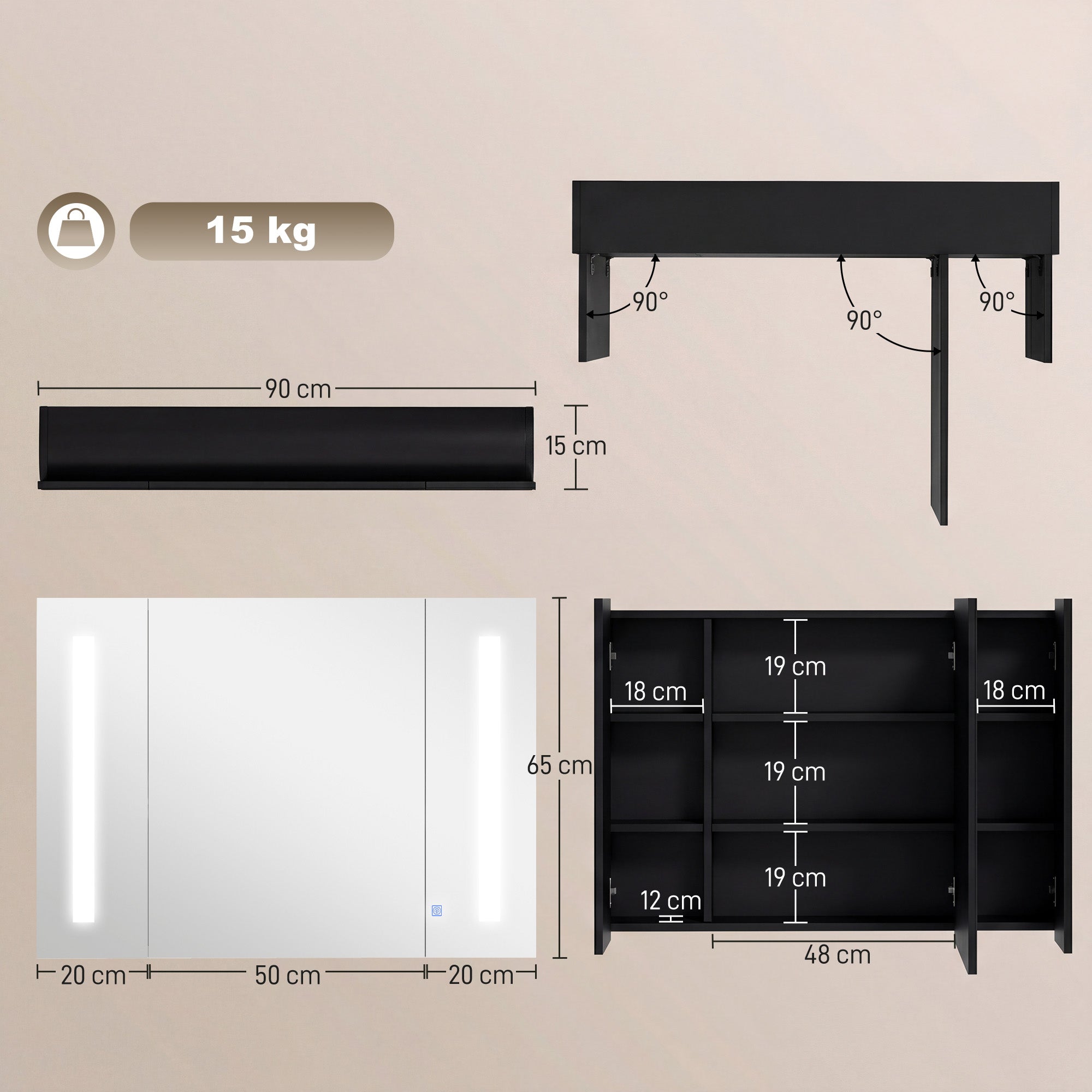 kleankin LED Bathroom Cabinet with Mirror, Wall Mounted Dimmable Brightness Storage Organiser with 3 Mirrored Doors and Adjustable Shelves, Memory Function, USB Charge, High Gloss Black
