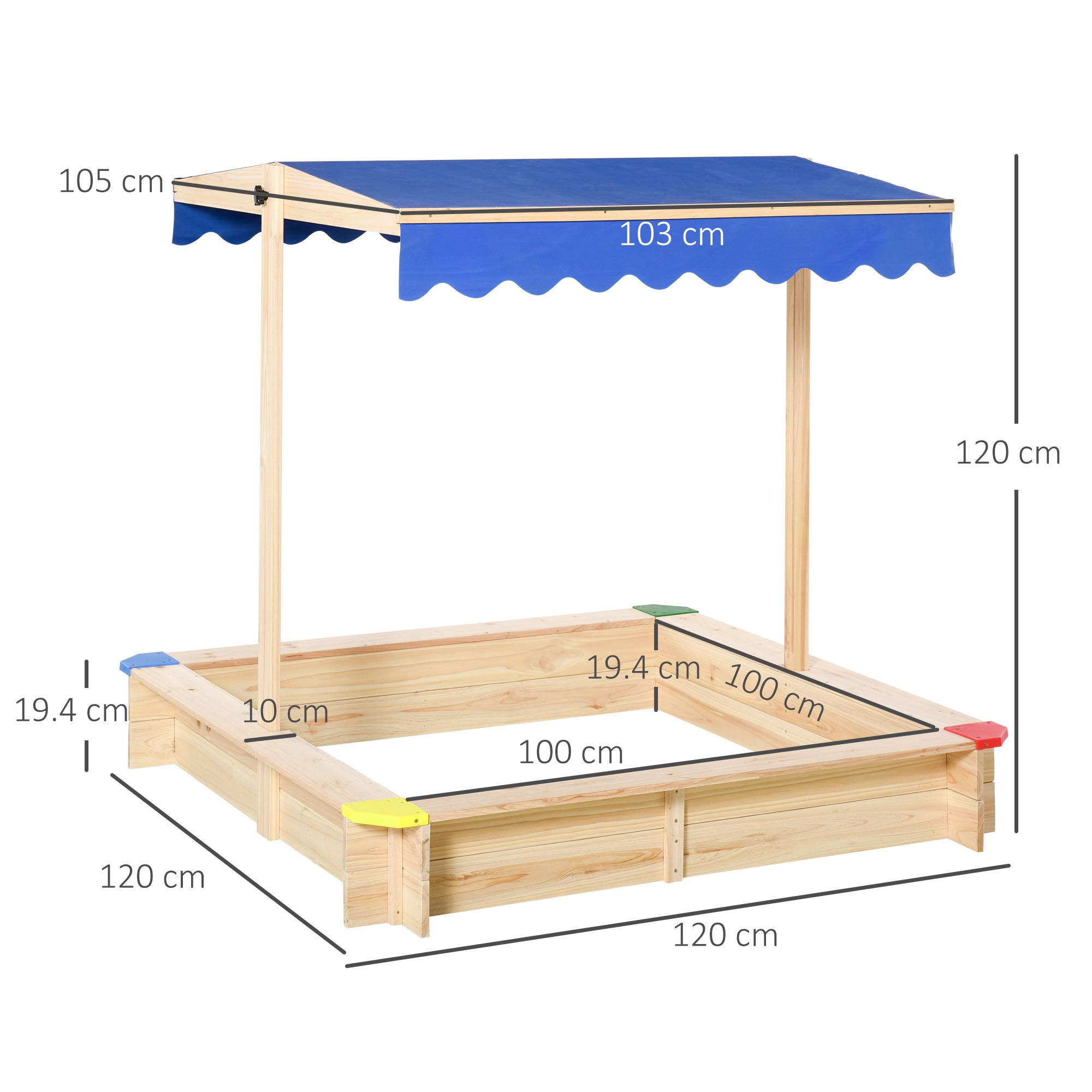 Outsunny Kids Wooden Sand Pit Children Square Sandbox Outdoor Playset Play Station Adjustable Canopy Bench Seat 120x120x120cm - North Peak Garden Furniture