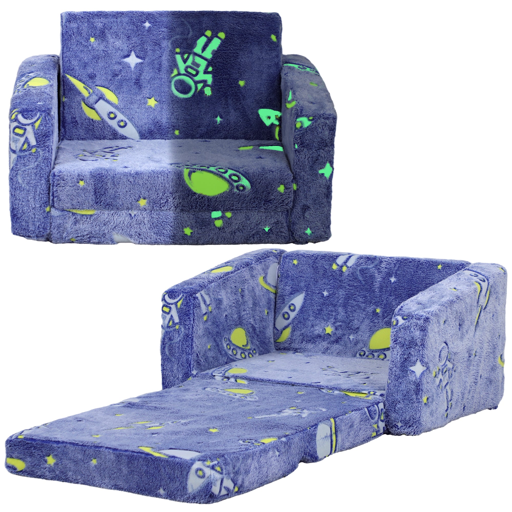 AIYAPLAY 2 in 1 Kids Kids Folding Bed Armchair with Glow in The Dark Cosmic Design, Washable Cushion and Cover, Blue - North Peak Garden Furniture