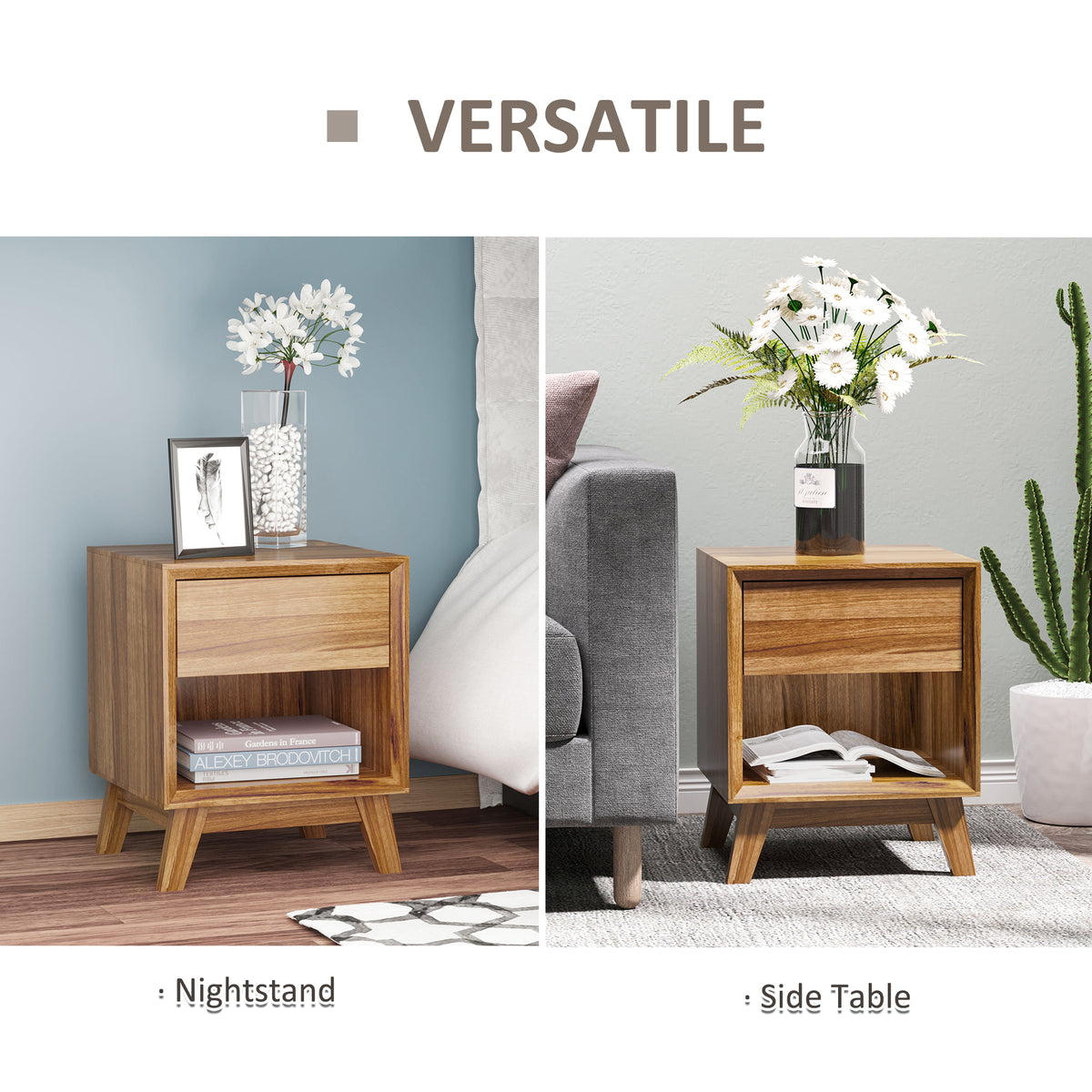 HOMCOM Modern Bedside Table Nightstand, Living Room End Table, Side Table with Drawer and Shelf, Walnut Brown - North Peak Garden Furniture