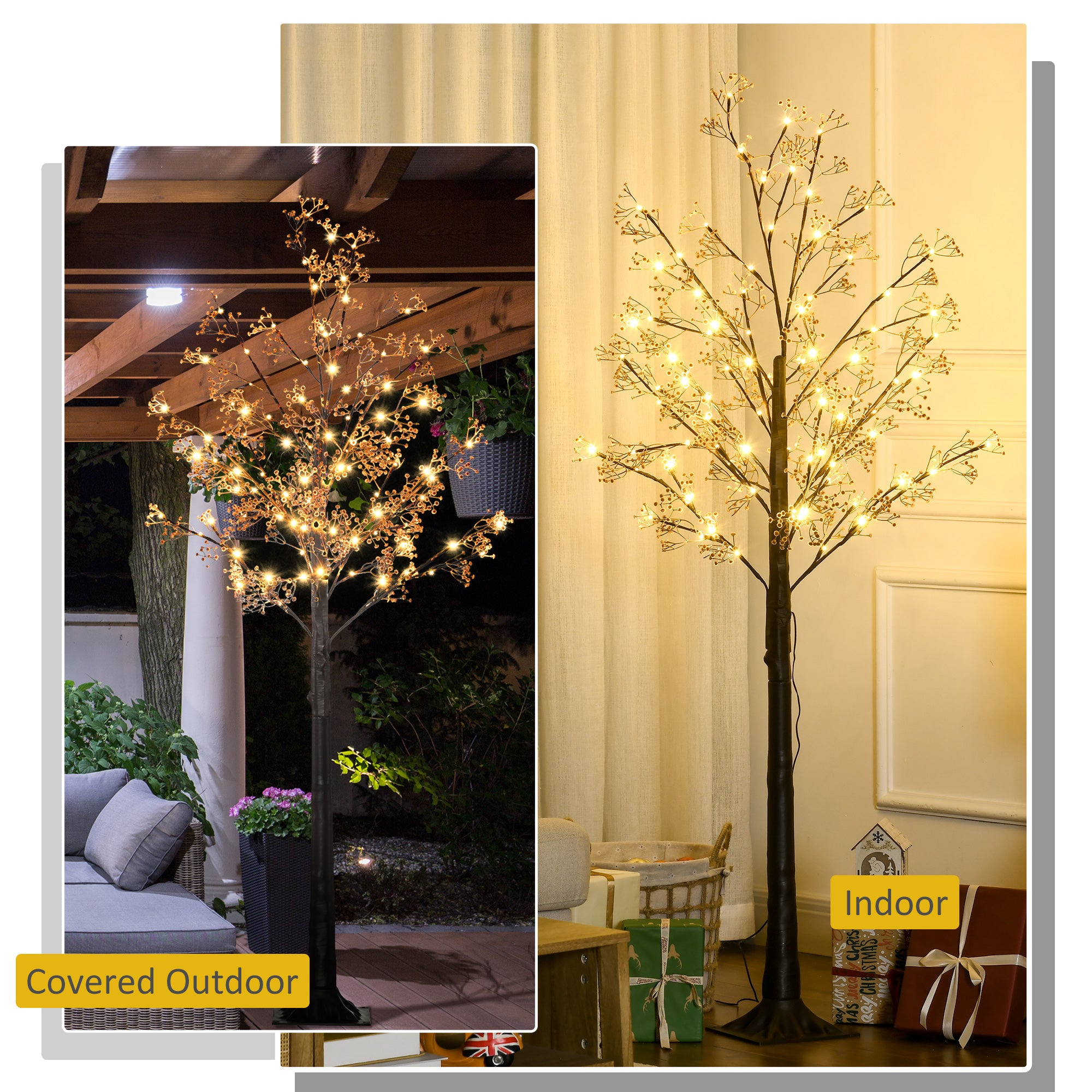 HOMCOM 6ft Artificial Gypsophila Blossom Tree Light with 96 Warm White LED Light, Baby Breath Flowers for Home Party Wedding, Indoor and Outdoor Use - North Peak Garden Furniture