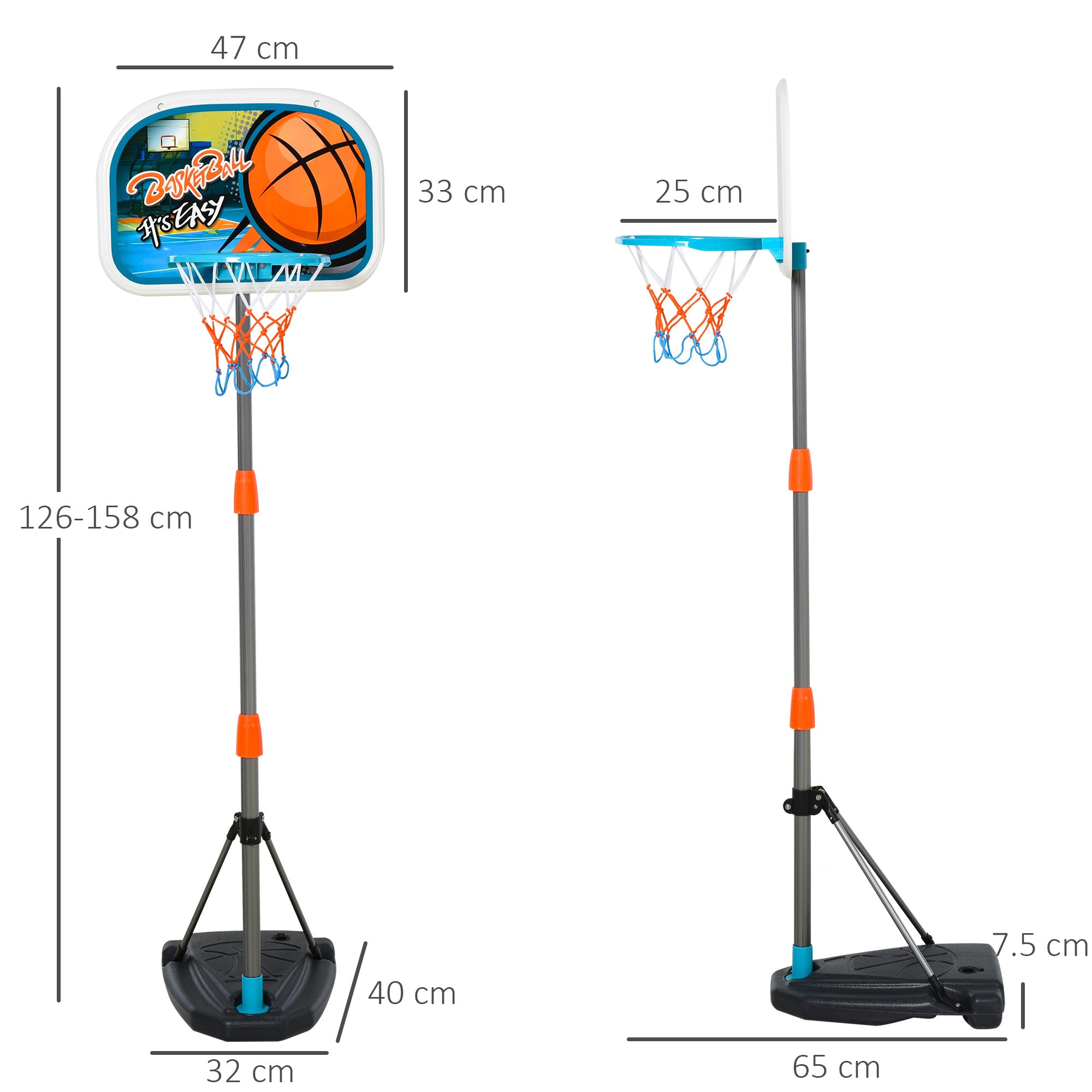 HOMCOM Kids Basketball Hoop and Stand Portable Basketball Stand Set w/ Ball Pump Netting Backboard Adjustable Height from 126 cm to 158 cm