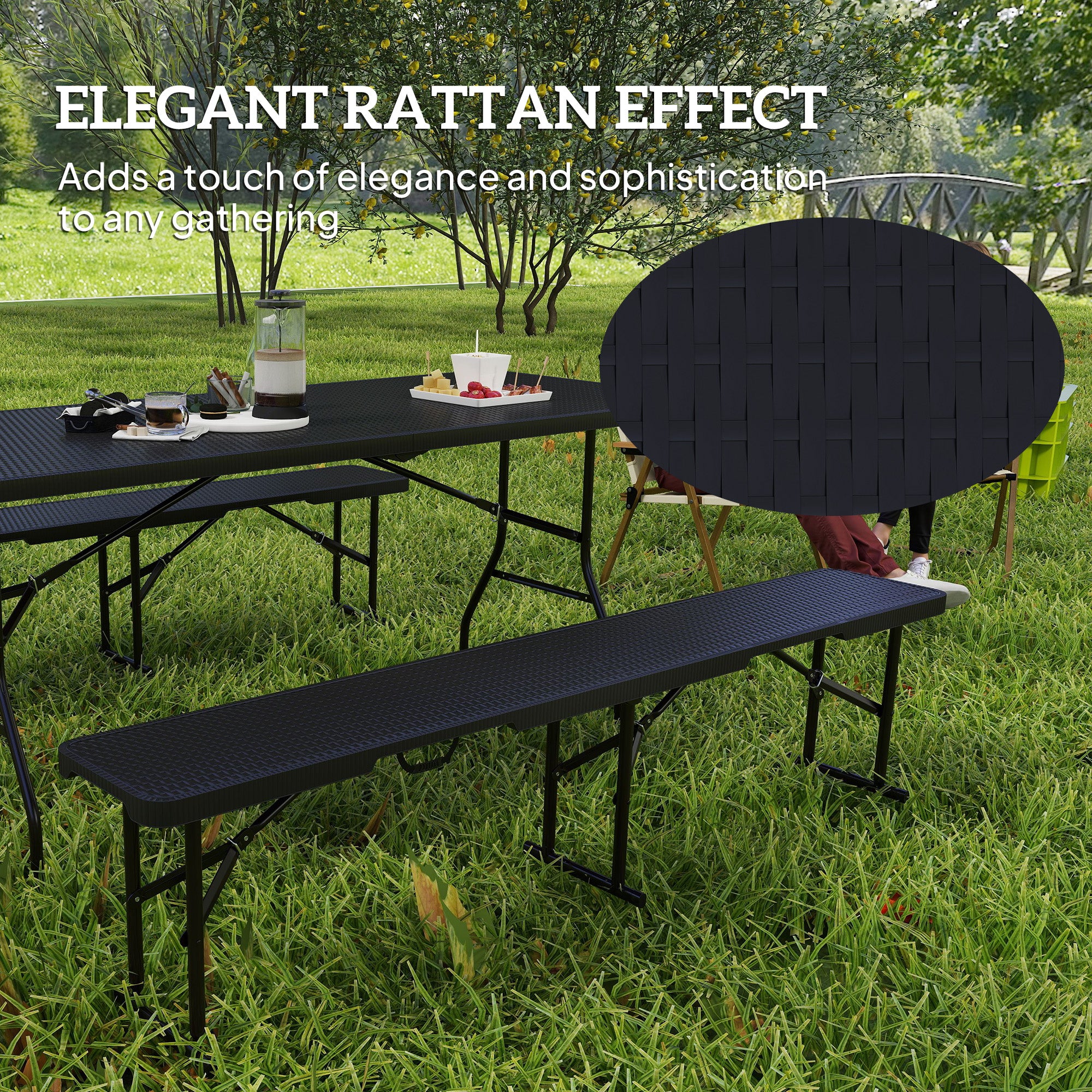 Outsunny Folding Picnic Table and Bench Set, Rattan Effect Portable Camping Table and Chairs with Carrying Handles for Indoor Outdoor, Dining, Camping, Picnic, BBQ, Party, Black - North Peak Garden Furniture