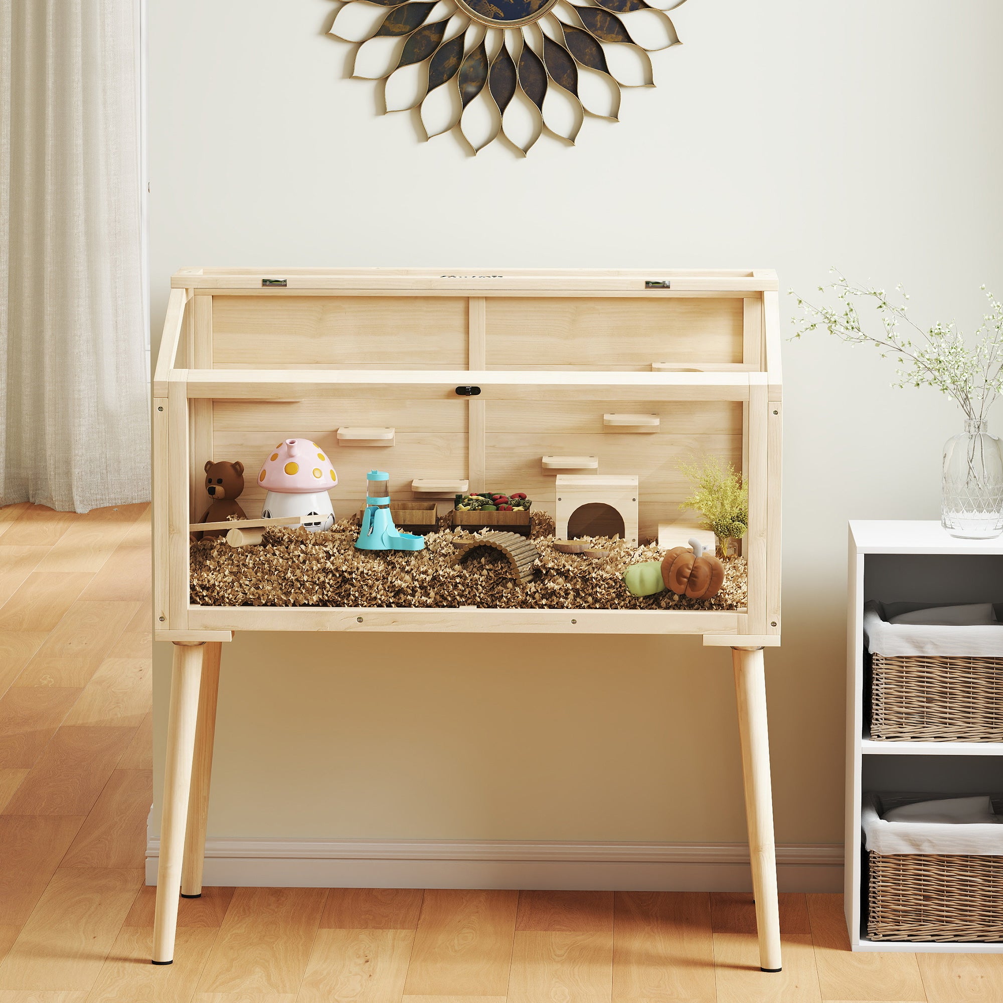 PawHut Wooden Hamster Cage, Hamster Habitat with Openable Top, Seesaws, Platforms, Water Bottle for Gerbils, 110 x 52 x 101 cm