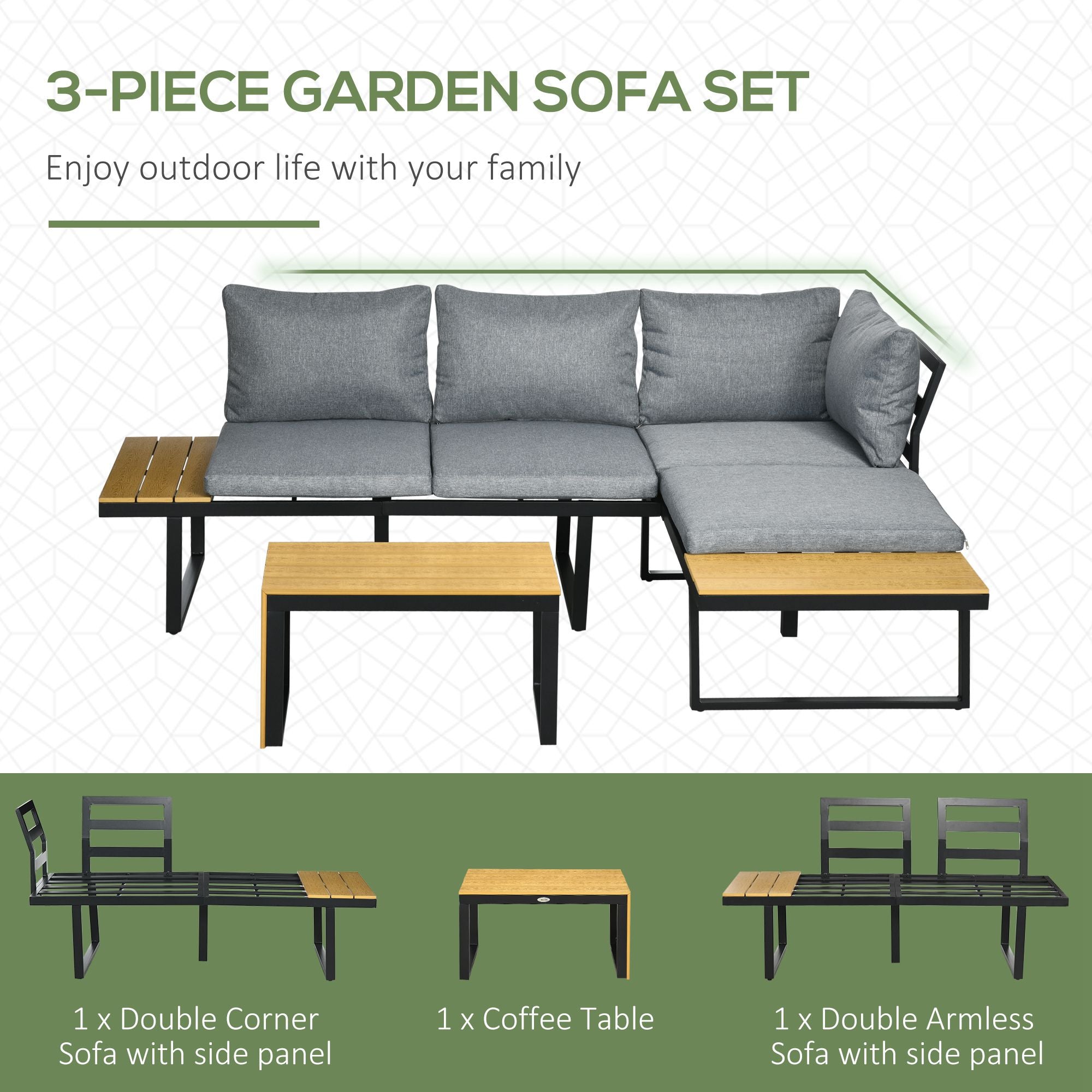 Outsunny 3 Pieces Patio Furniture Set, Outdoor Garden Sofa Conversation Set w/ Padded Cushions, Wood Grain Plastic Top Table and Side Panel, Dark Grey