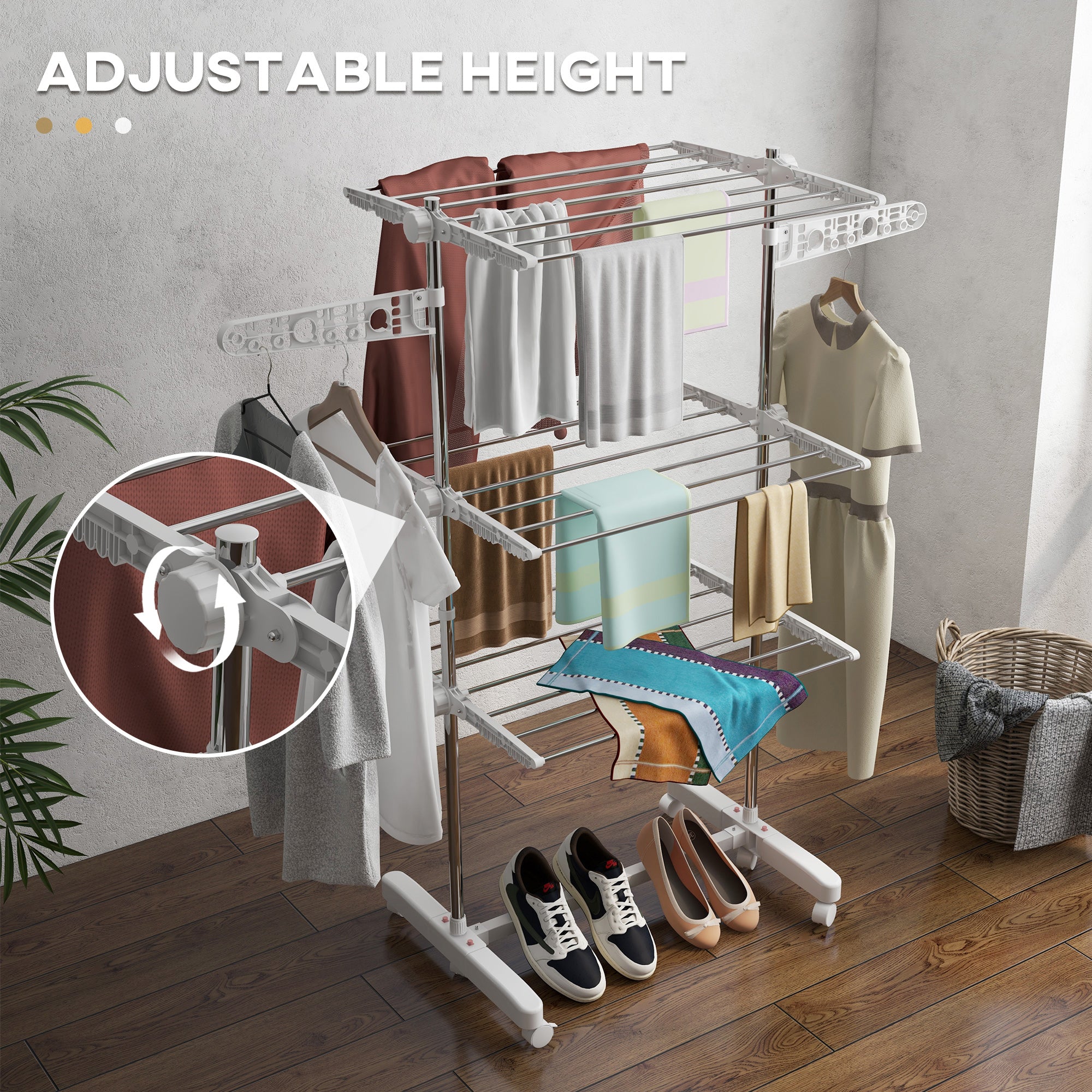 HOMCOM 3-Tier Clothes Airer, Foldable Clothes Drying Rack, Stainless Steel Indoor and Outdoor Clothes Dryer with Wheels and Wings, Easy Assembly, 142 x 55 x 152cm, White - North Peak Garden Furniture