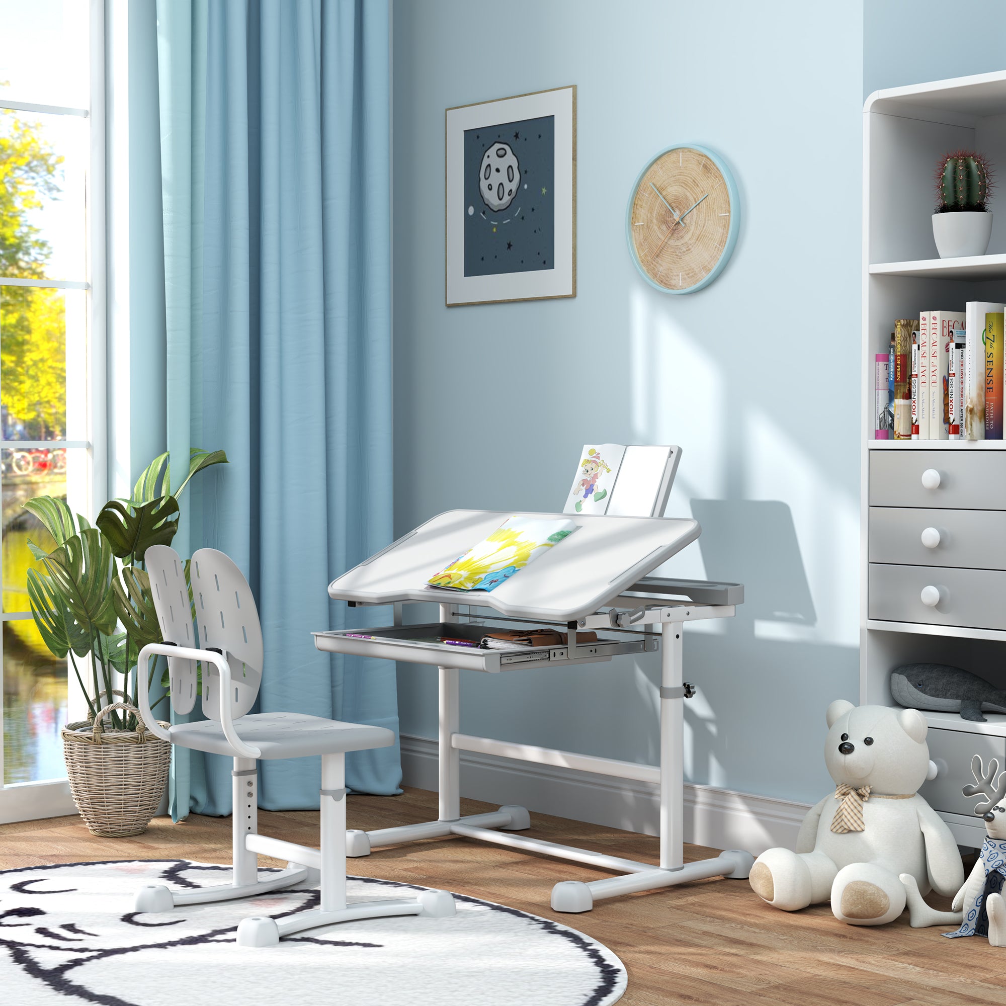 AIYAPLAY Height Adjustable Kids Desk and Chair Set, School Study Writing, Reading Table Chair Set w/ Tilted Desktop, Grey - North Peak Garden Furniture