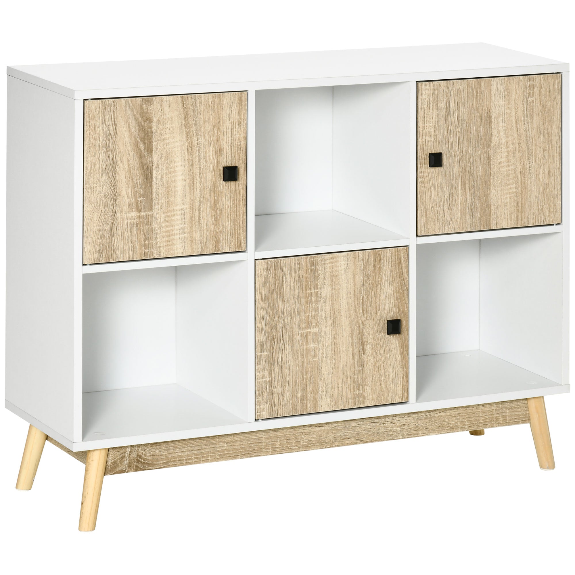 HOMCOM Storage Cabinet, Bookcase, Display Shelf with 6 Storage Cubes & Doors for Dining Room, Living Room, Natural - North Peak Garden Furniture
