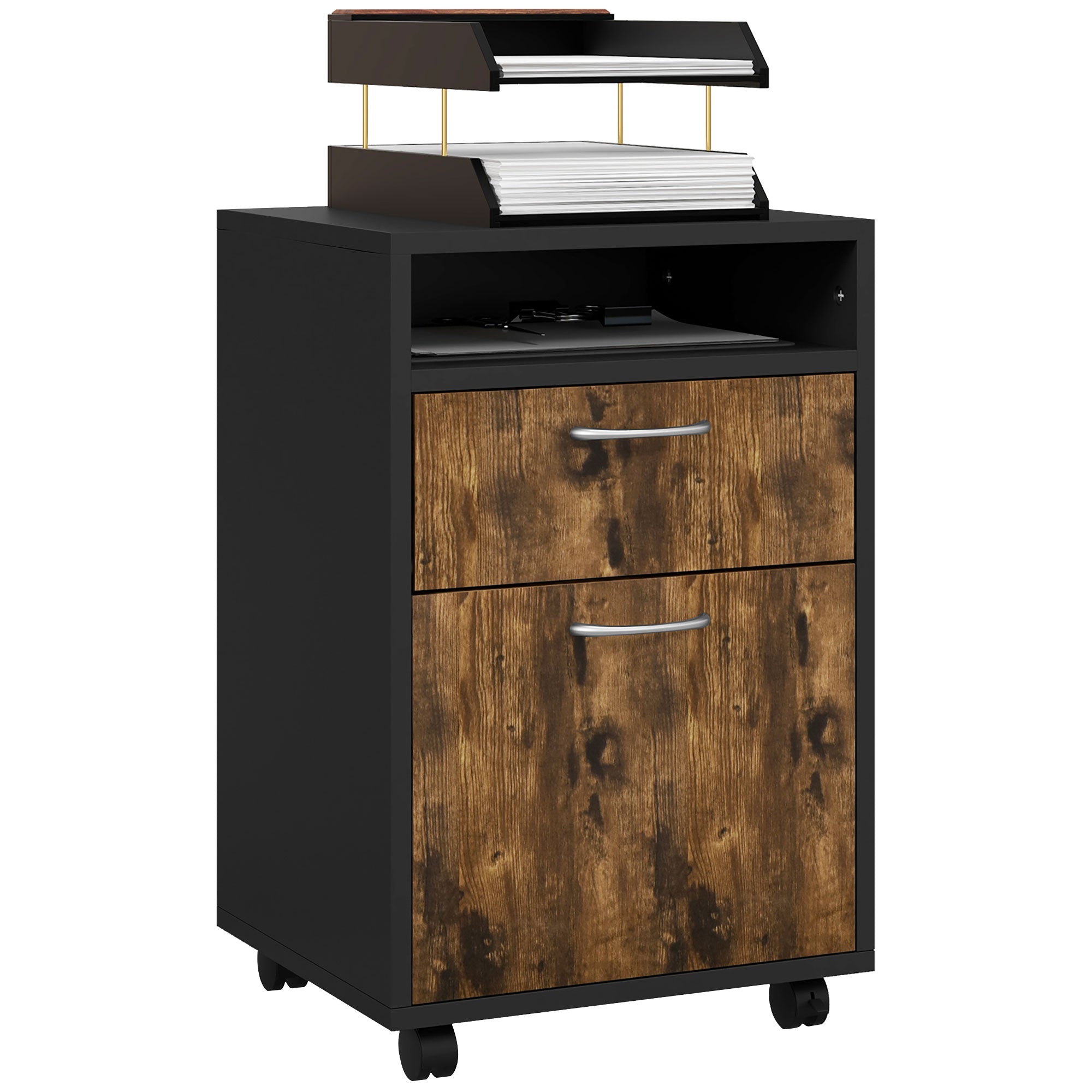 HOMCOM 60cm Filing Cabinet with Drawer, Open Shelf, Metal Handles and 4 Wheels, Office Home Organiser Mobile Printer, Rustic Brown - North Peak Garden Furniture
