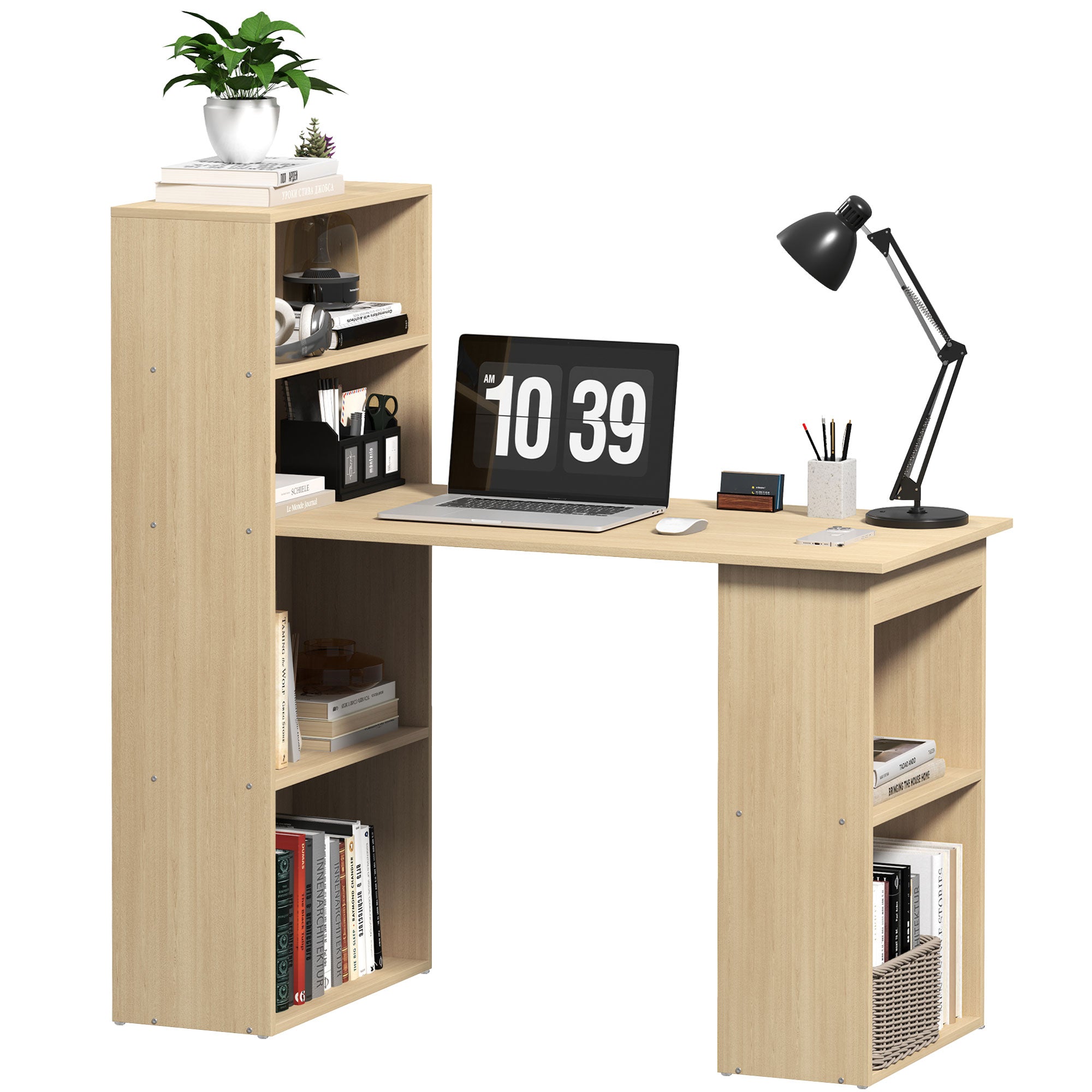 HOMCOM 120cm Modern Computer Desk Bookshelf Study Table Workstation PC Laptop Writing Home Office 6 Shelves, Natural Wood Finish - North Peak Garden Furniture