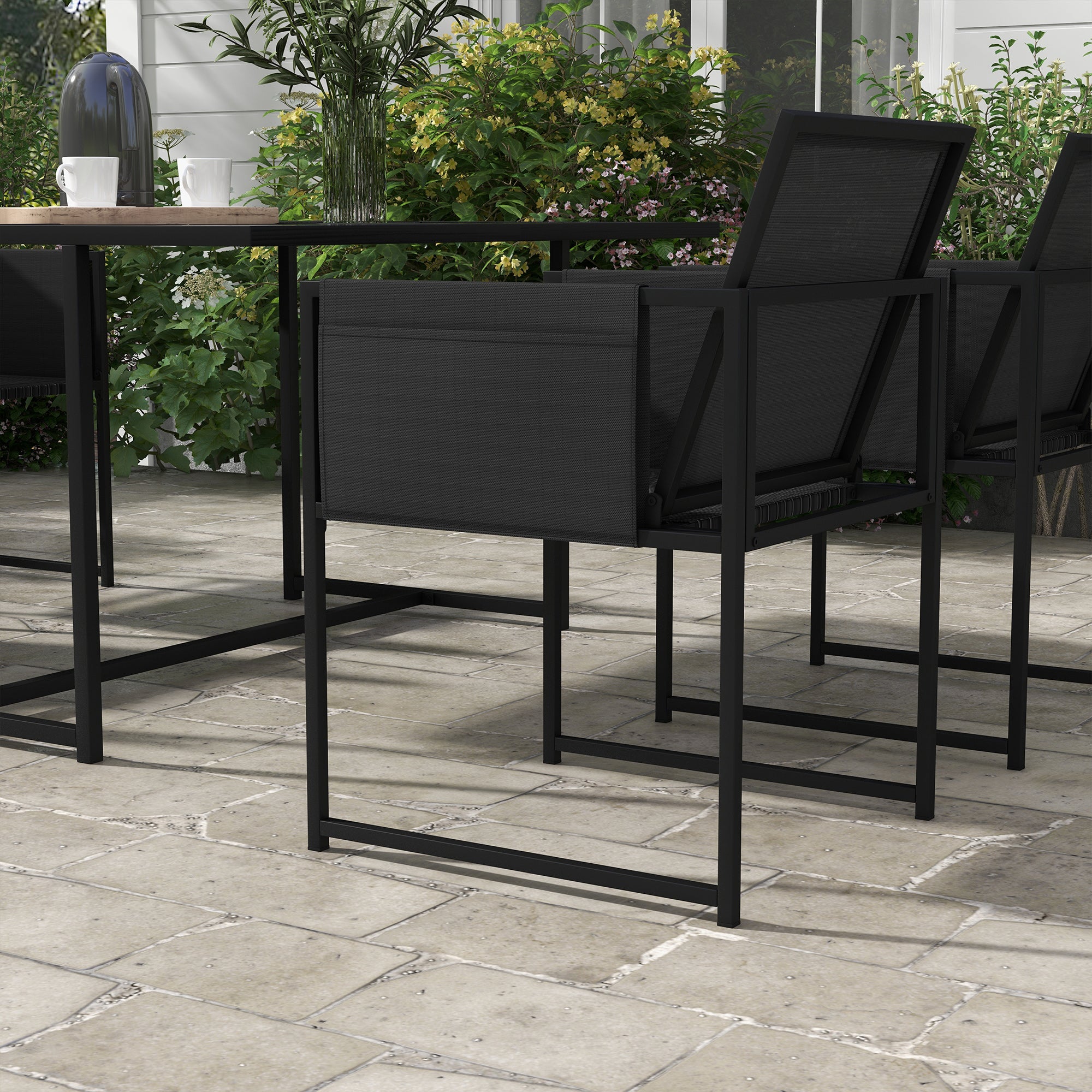Outsunny 5 Piece Garden Dining Set with Breathable Mesh Seat, Adjustable Backrest, Tempered Glass Table Top for Patio, Black - North Peak Garden Furniture