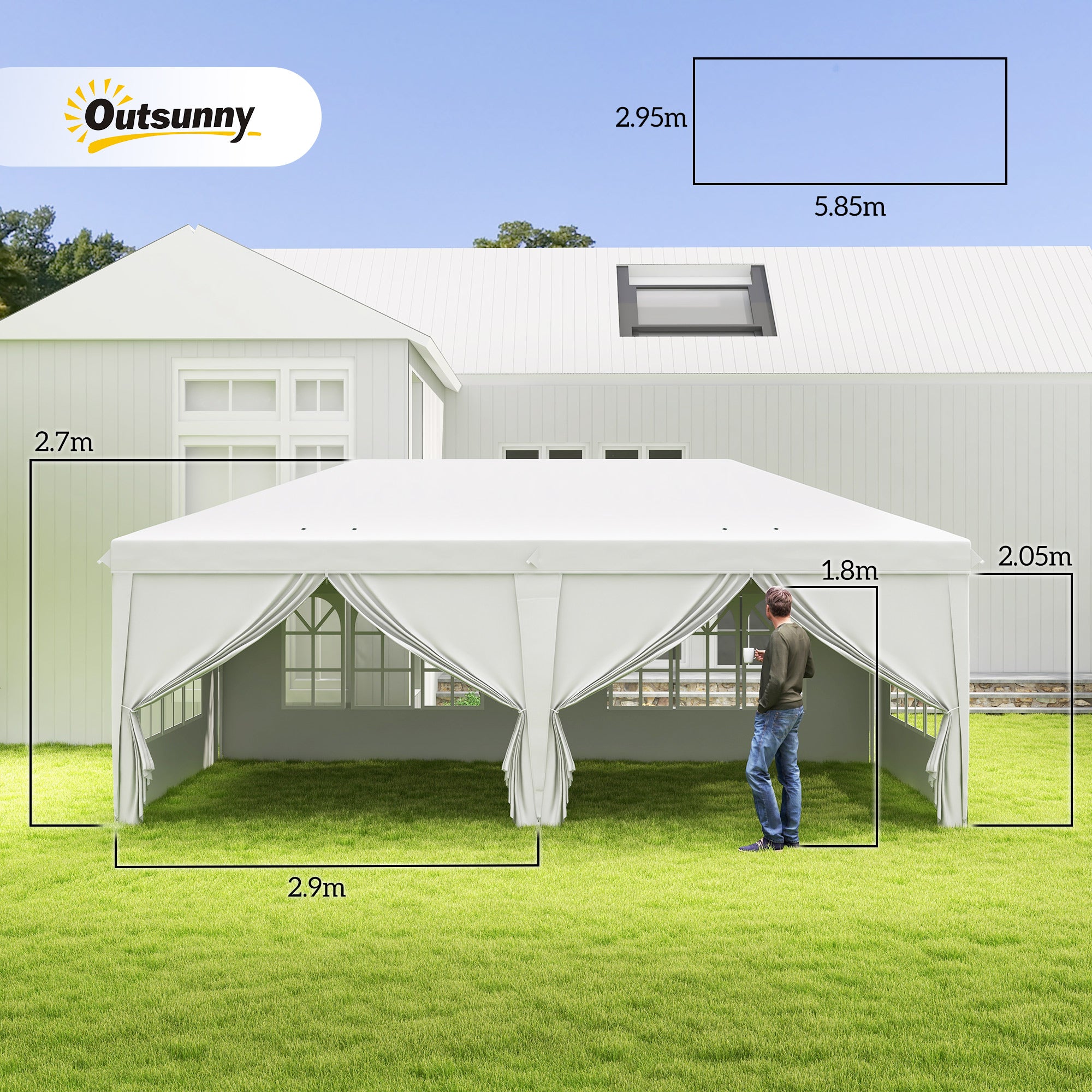 Outsunny 3 x 6 m Pop Up Gazebo with Sides and Windows, Height Adjustable Party Tent with Storage Bag for Garden, Camping, Event, White