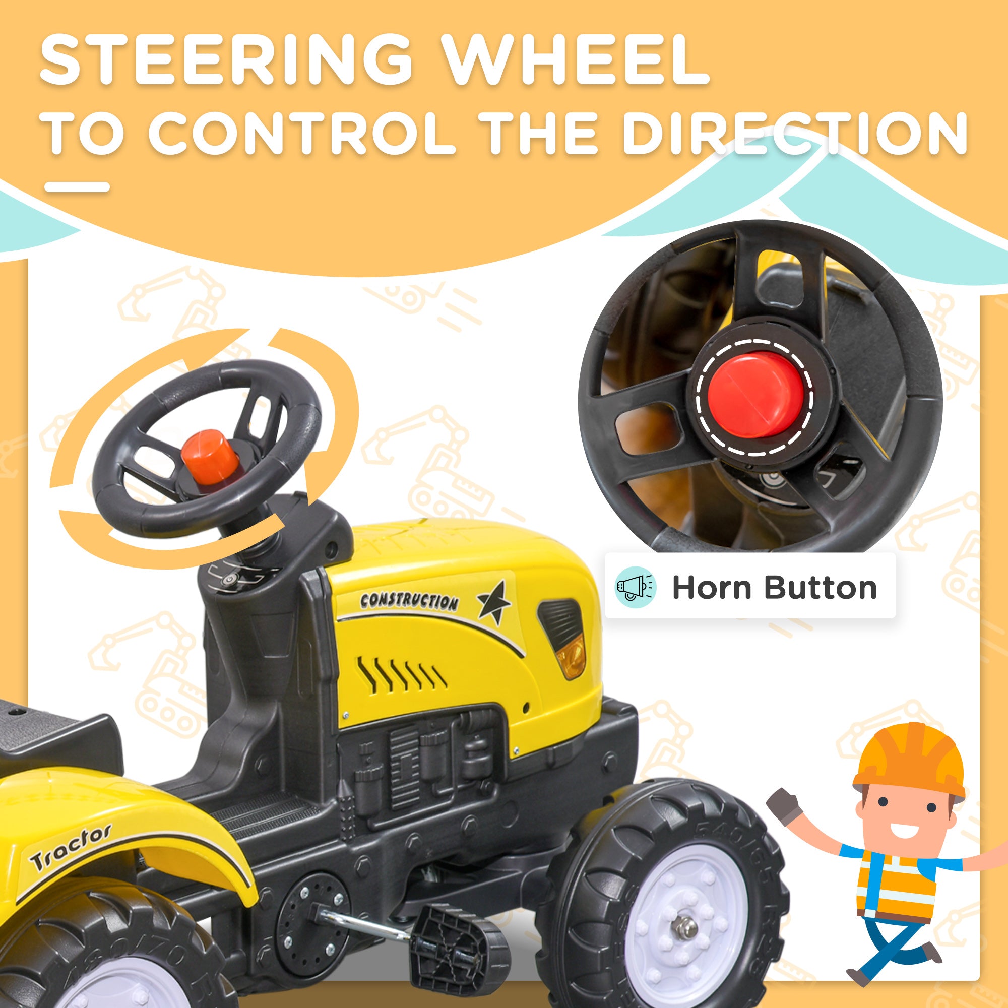 HOMCOM Pedal Go Kart, Kids Ride on Tractor with Back Trailer, Shovel & Rake, Horn, Four Wheels Tractor Toy for Child Toddler - North Peak Garden Furniture