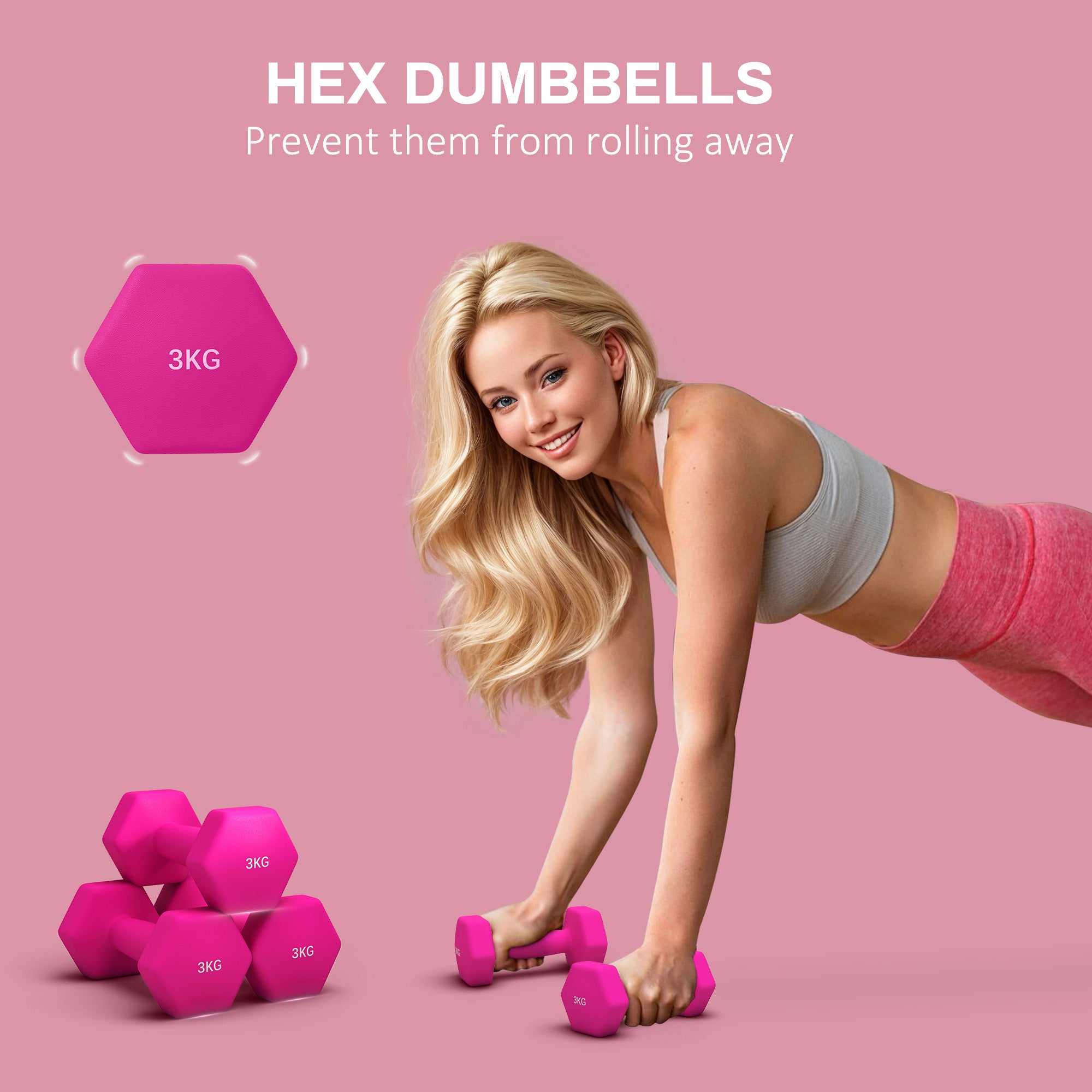 SPORTNOW 2 x 3kg Hexagonal Dumbbells Weights Set with Non-Slip Grip for Home Gym Workout, Pink - North Peak Garden Furniture