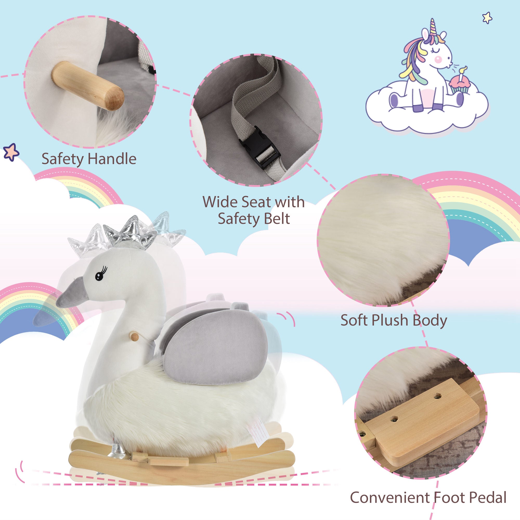 HOMCOM Kids Children Rocking Horse Plush Ride On Swan w/ Sound Wood Base Seat Safety Belt Toddler Baby Toy Rocker 18 - 36 Months - North Peak Garden Furniture