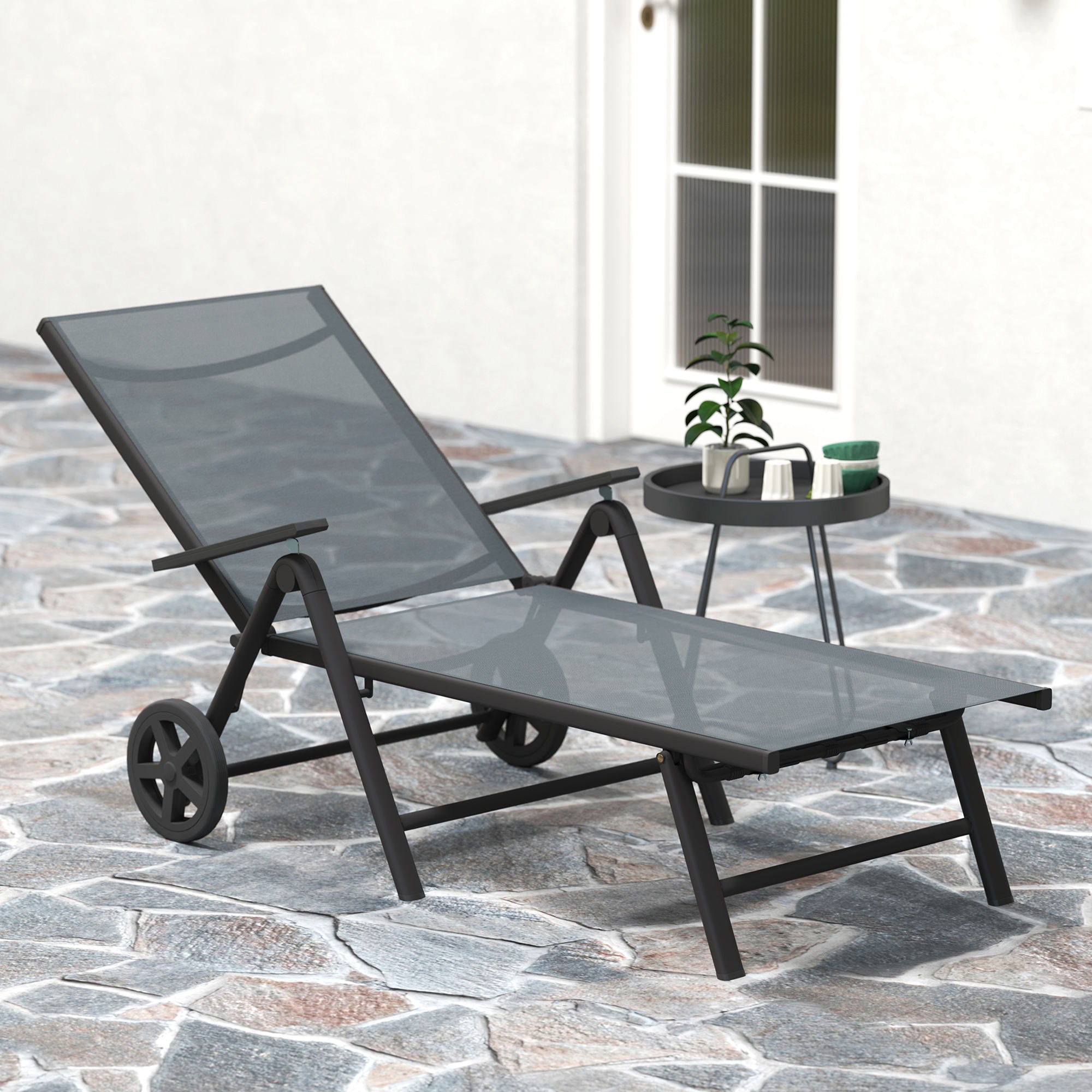 Outsunny Folding Sun Lounger with Wheels, 5-Position Adjustable Garden Chaise Lounge Sunbed with Armrests, Metal Frame Outdoor Portable Reclining Chair for Beach, Porch, Grey - North Peak Garden Furniture