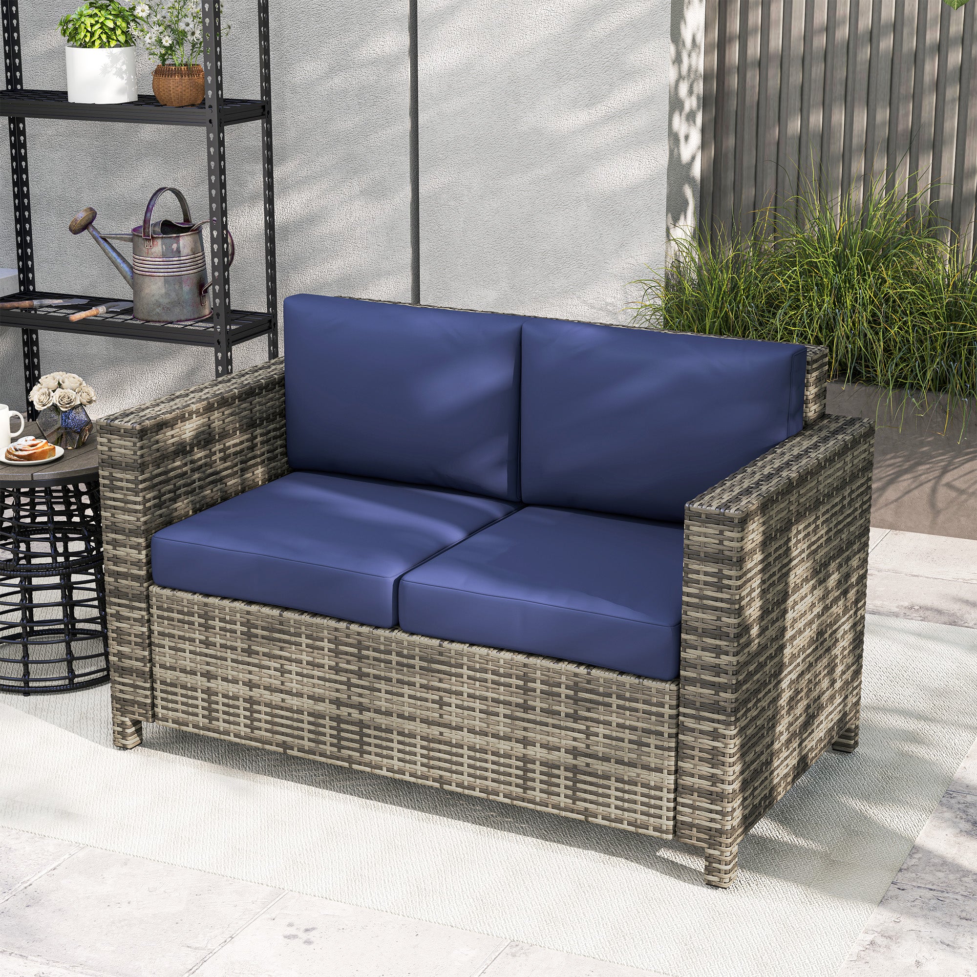Outsunny 2 Seater Garden Furniture, Rattan Sofa with Soft Padded Cushion and Armrests, Wicker Garden Loveseat for Patio, Navy Blue - North Peak Garden Furniture