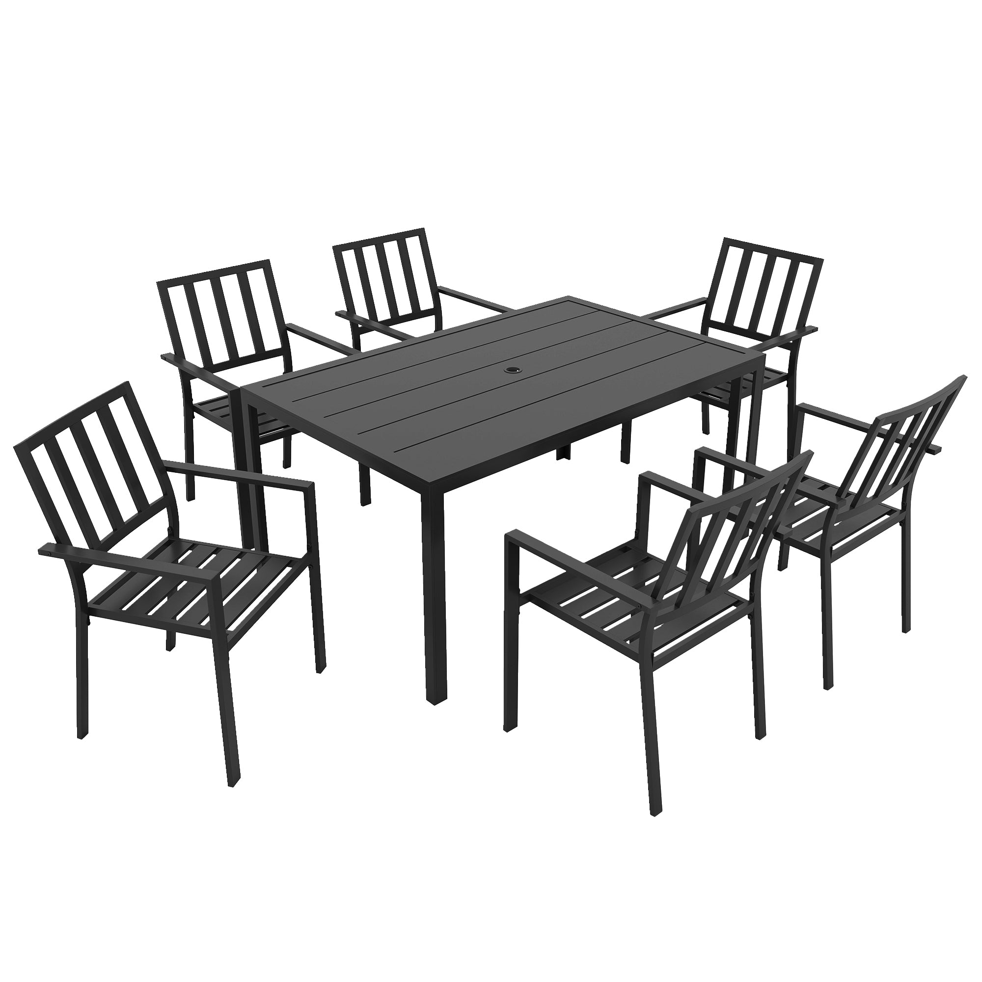 Outsunny Seven-Piece Minimal Metal Garden Dining Set, with Parasol Hole - Black - North Peak Garden Furniture