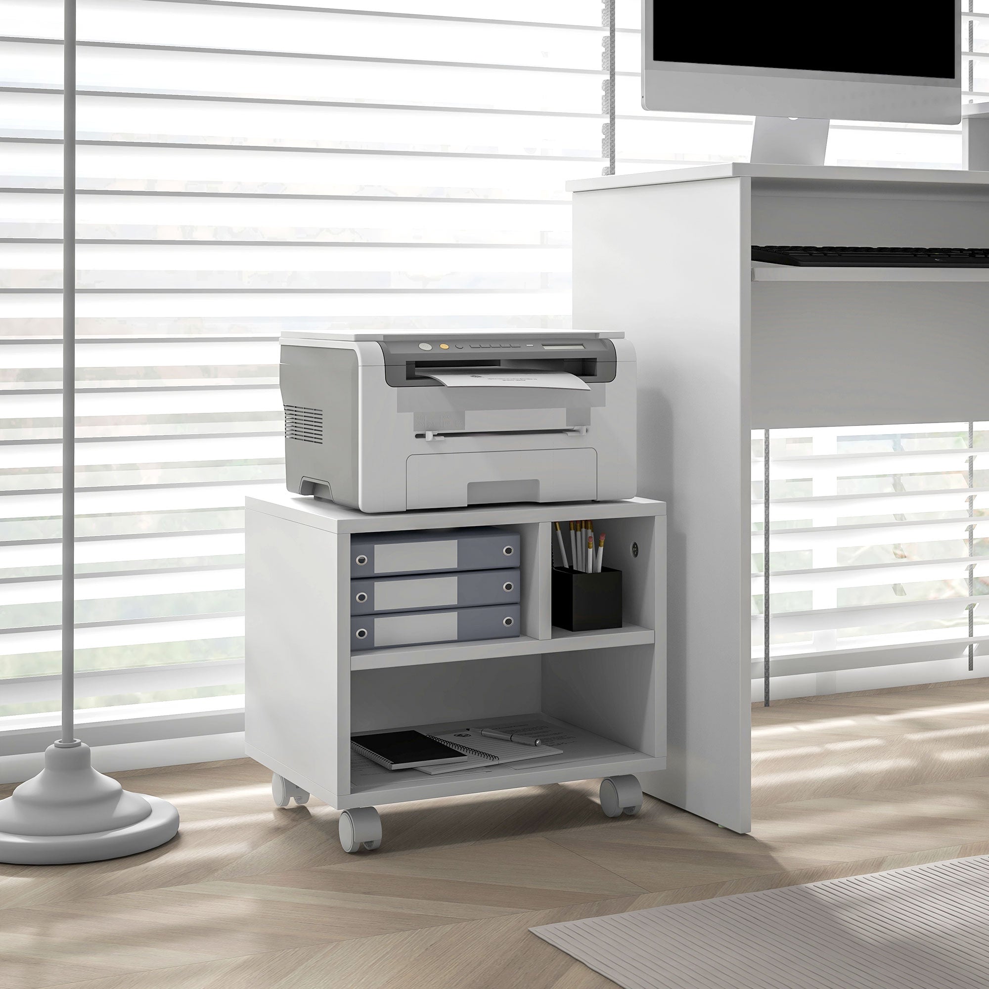 HOMCOM Three-Compartment Printer Cabinet, with Wheels - White - North Peak Garden Furniture