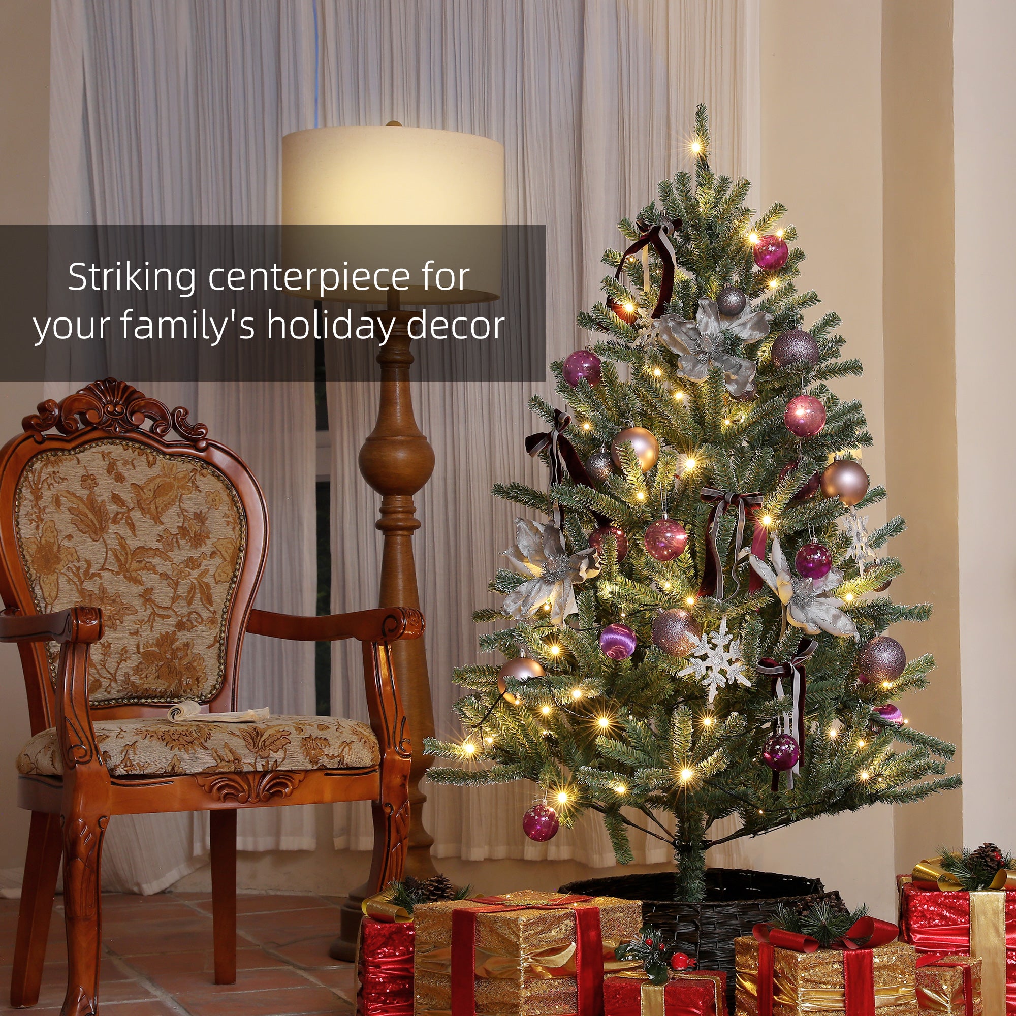 HOMCOM 5ft Artificial Christmas Tree, with Purple Decorations and Lights - North Peak Garden Furniture