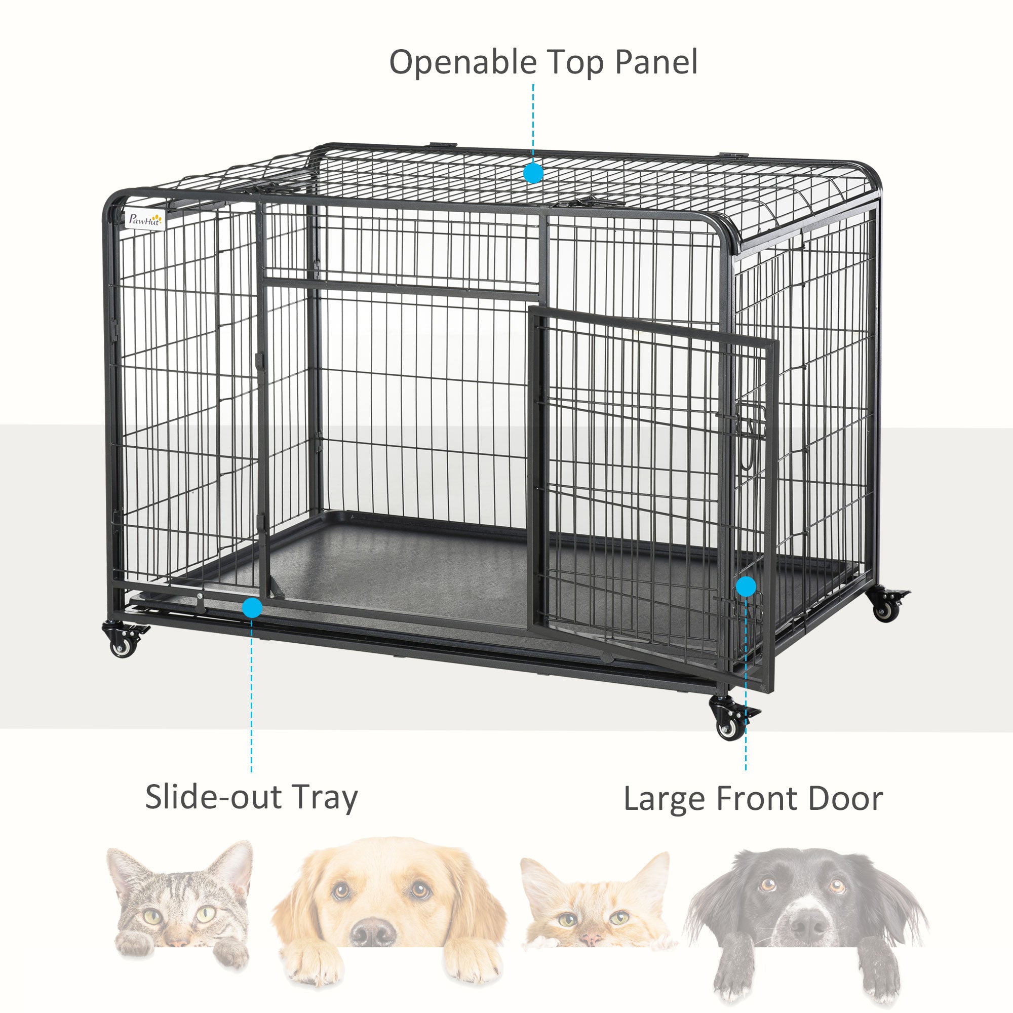 PawHut Metal Dog Cage Kennel Locking Door & Wheels Removable Tray Openable Top For Extra Large Pets 125 x 76 x 81 cm - North Peak Garden Furniture