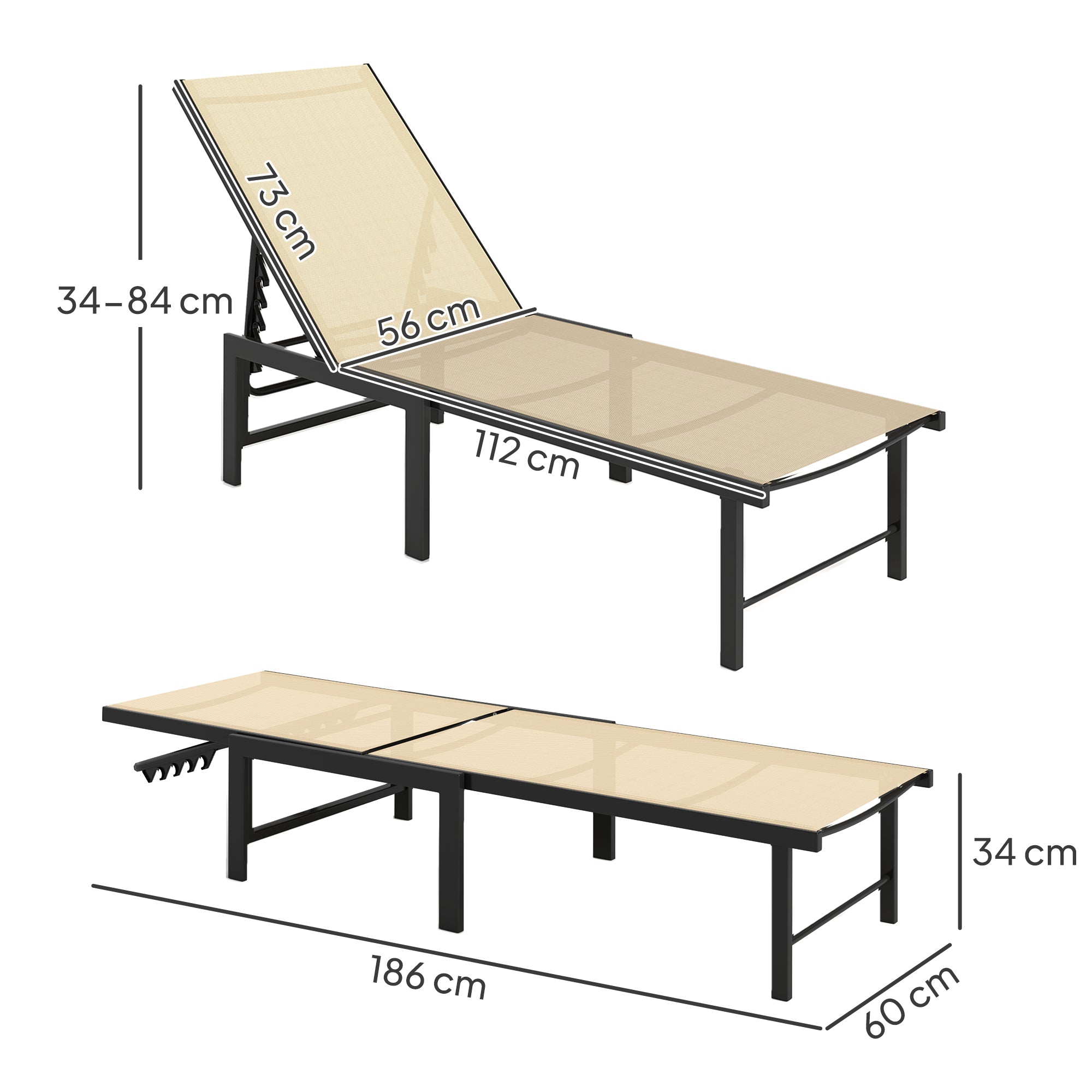 Outsunny Sun Lounger for Garden, 5-Level Adjustable Reclining Sun Lounger Chair, Flat Garden Lounger Sunbed with Texteline Seat, Steel Frame for Patio, Beach, Khaki - North Peak Garden Furniture