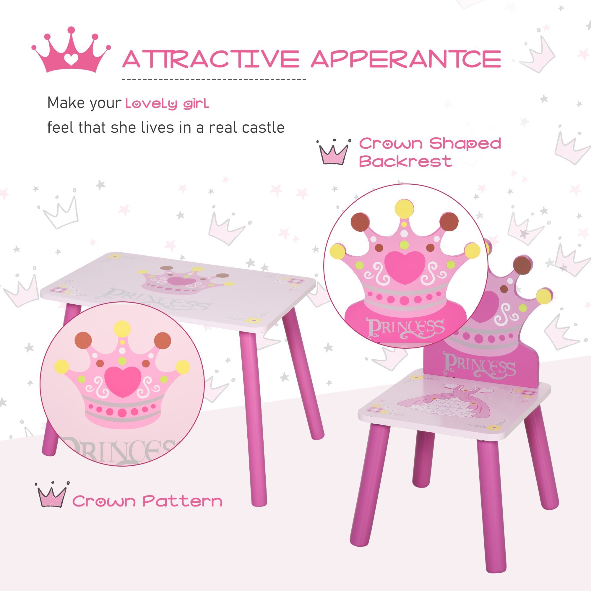 HOMCOM 3 Pcs Kids and Table Chair Set Princess & Crown Theme Home Furniture Pretty Gift 2-4 Years Pink - North Peak Garden Furniture