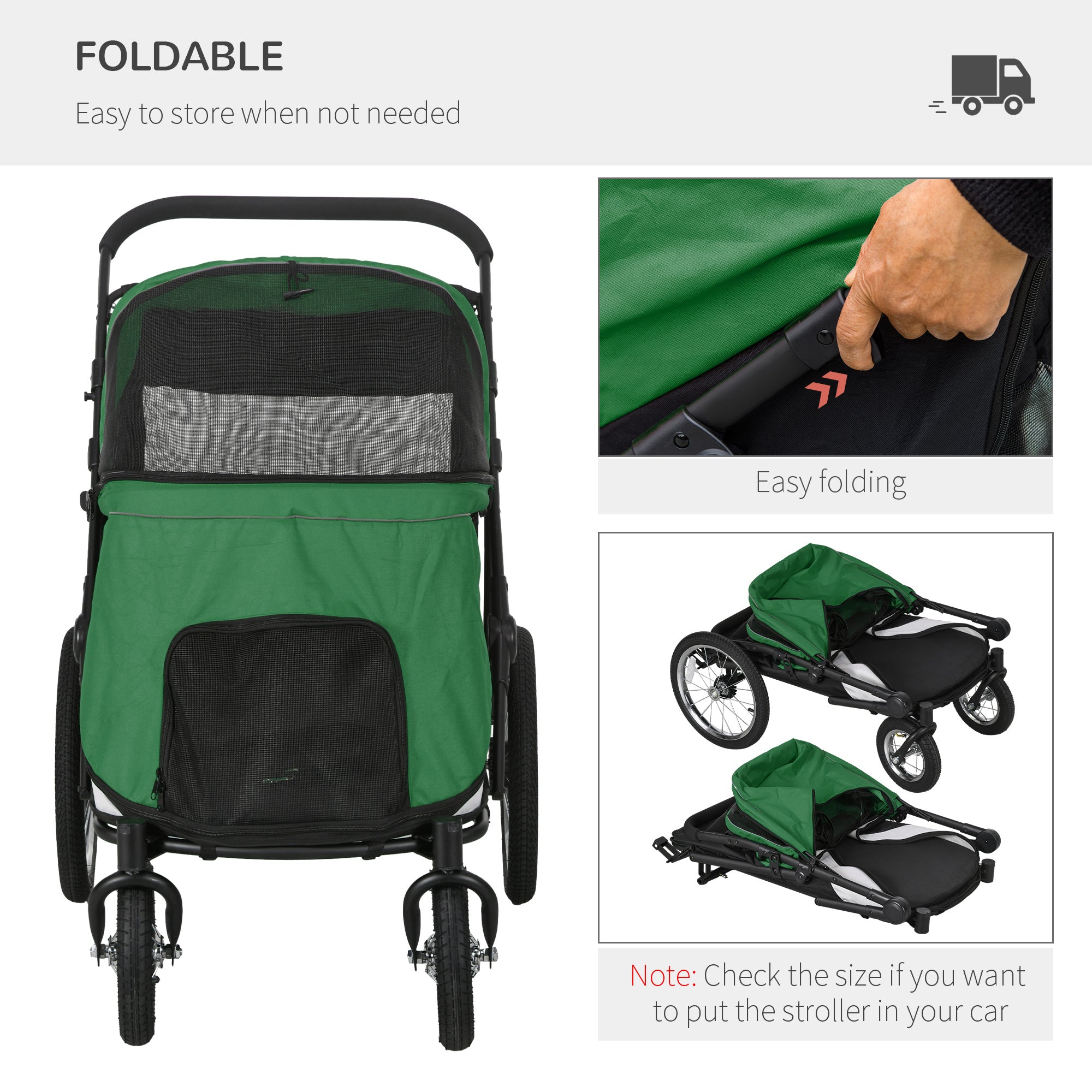 PawHut Foldable Pet Stroller, with Washable Cushion, Storage Bags, Safety Leash, for Medium, Large Dogs, Catts, Travel - Green