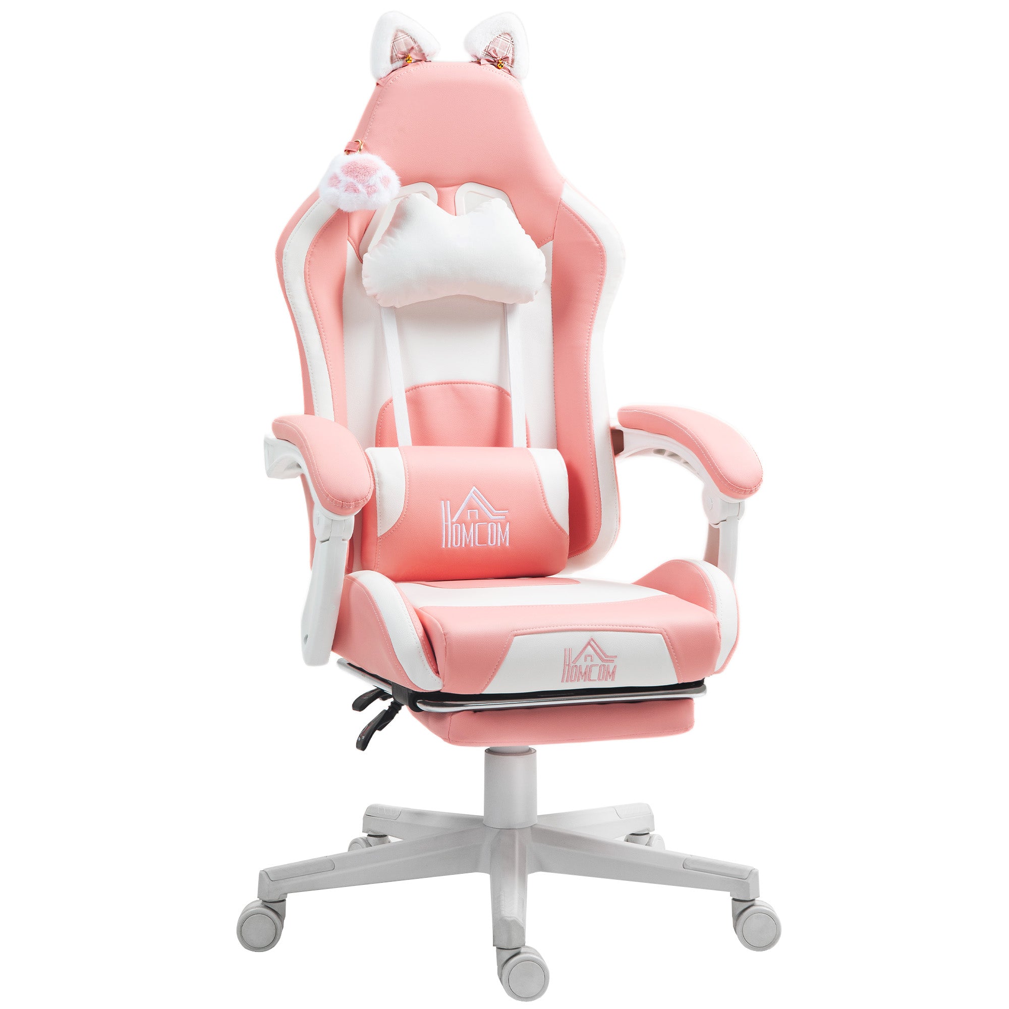 HOMCOM Cat Ear and Paw Reclining Office Chair, with Footrest - Pink/White - North Peak Garden Furniture