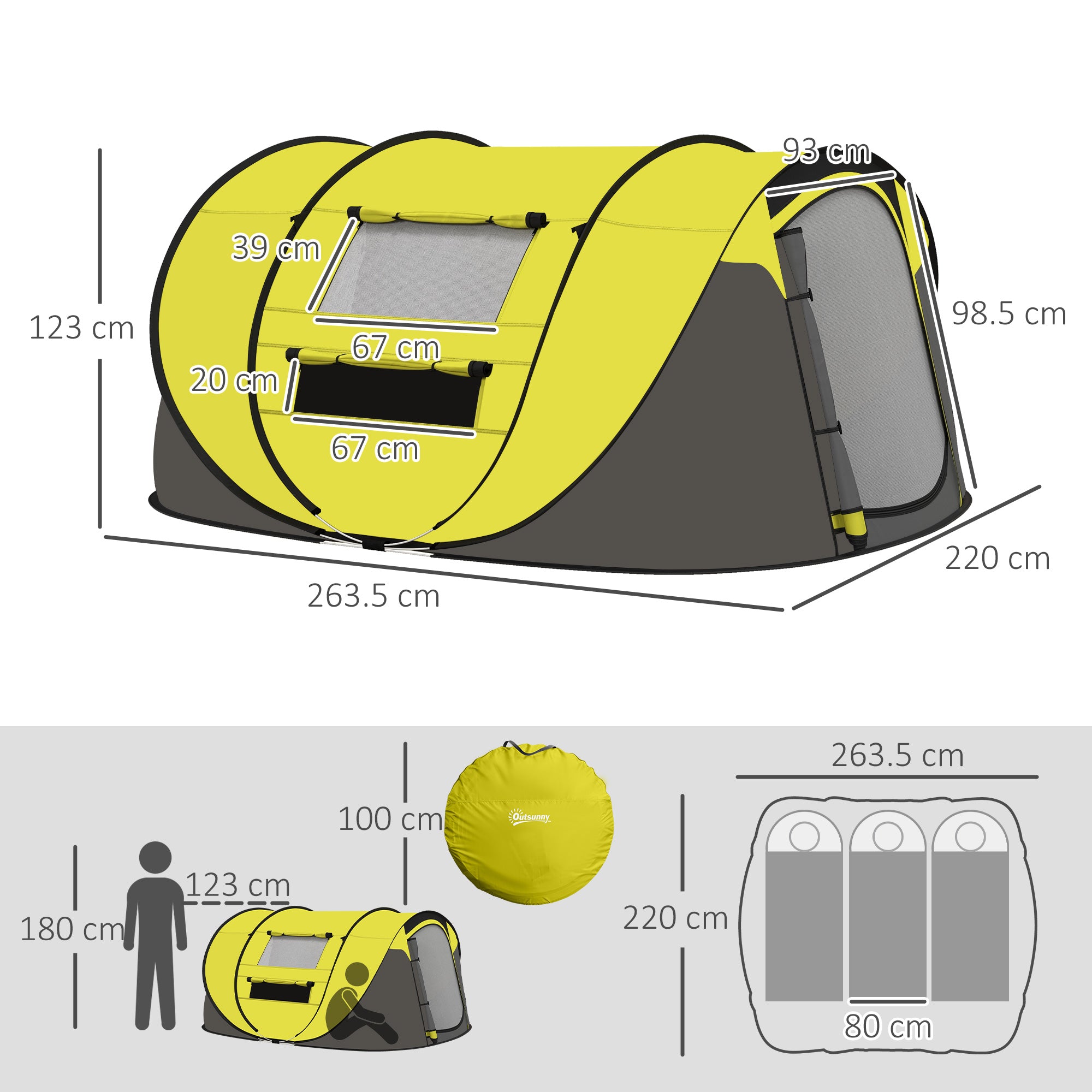 Outsunny 4-5 Person Pop-up Camping Tent Waterproof Family Tent w/ 2 Mesh Windows & PVC Windows Portable Carry Bag for Outdoor Trip, Yellow - North Peak Garden Furniture