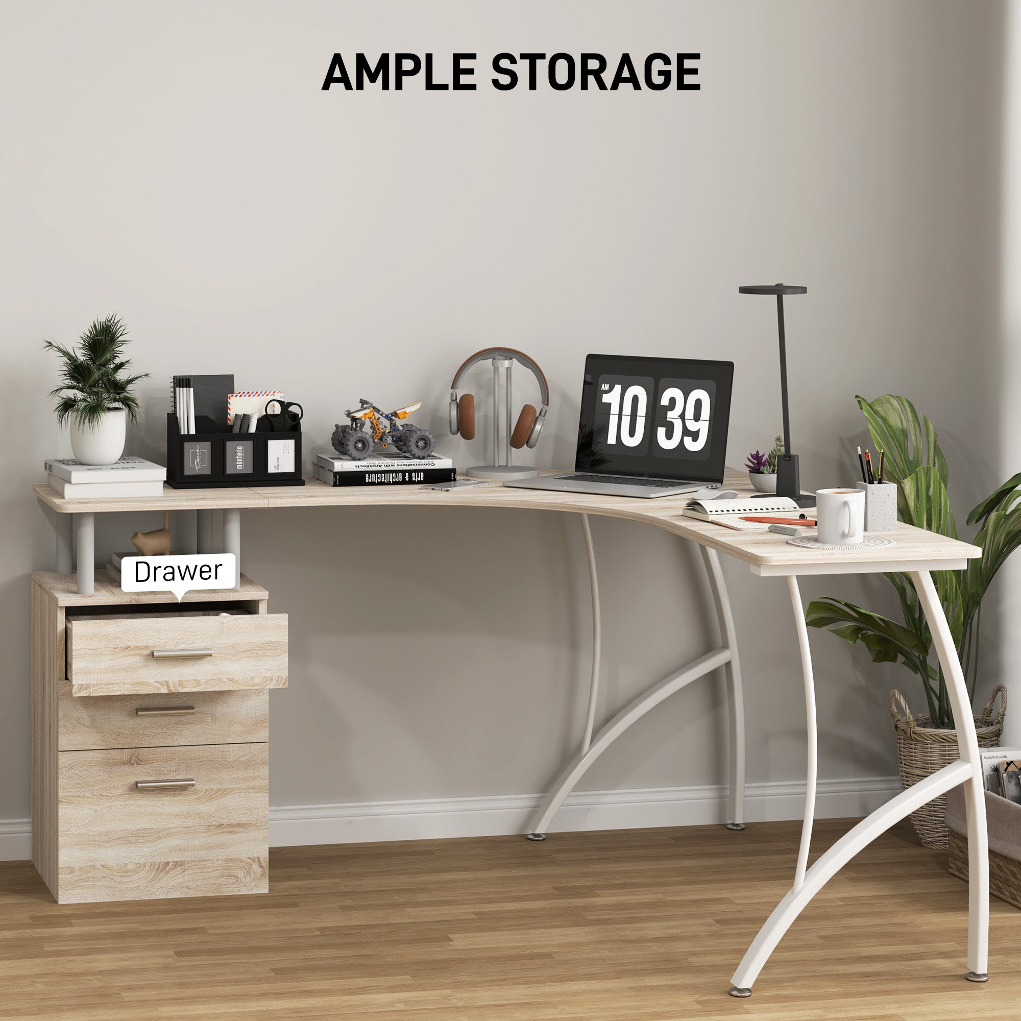 HOMCOM L-Shaped Computer Desk Table with Storage Drawer, Home Office Desk Corner Industrial Style Workstation for A4 Files 143.5 x 143.5 x 76cm, Oak - North Peak Garden Furniture