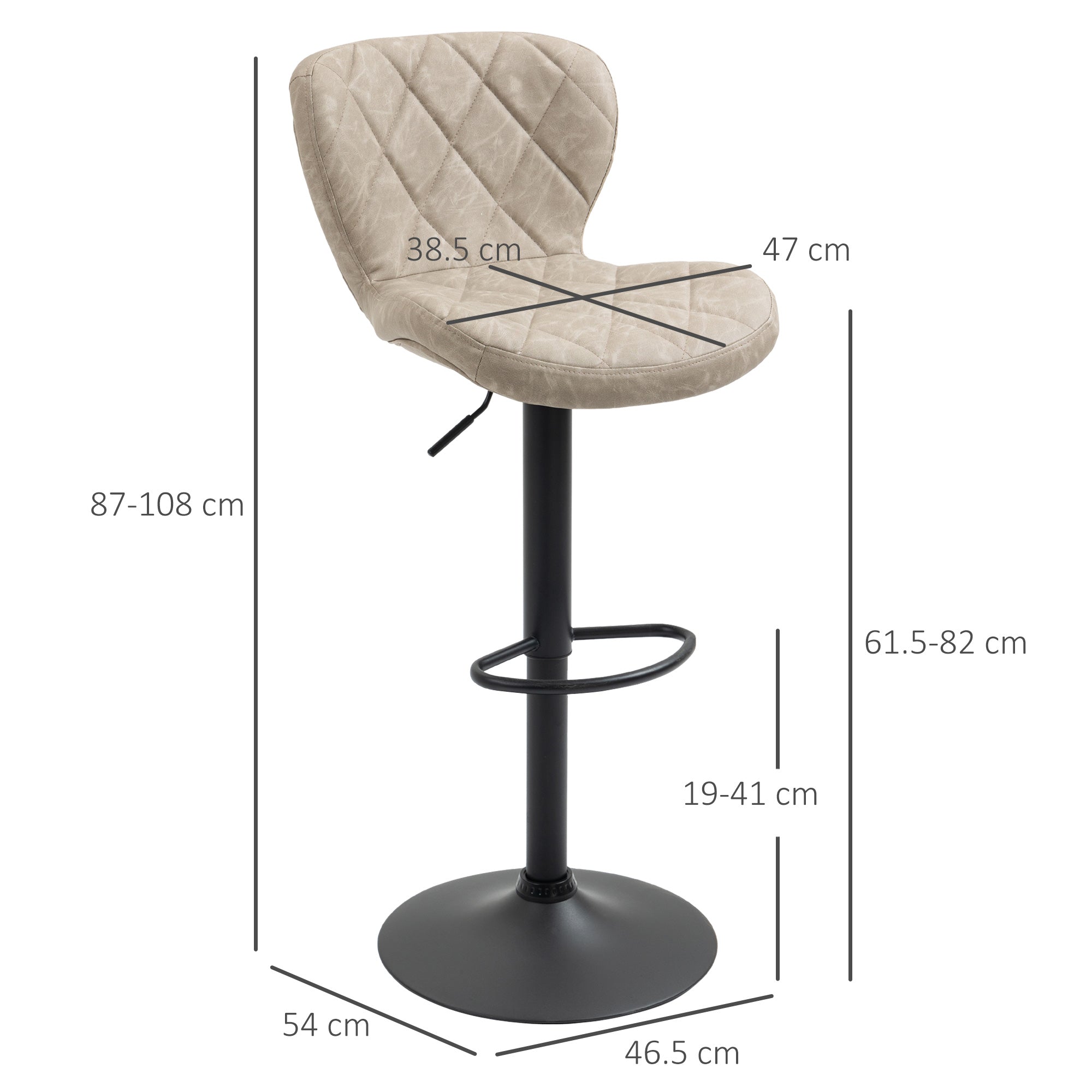 HOMCOM Bar Stools, Set of 2 Breakfast Bar Chairs, Swivel Barstools with Backrest and Footrest, Steel Frame Diamond Pattern PU, for Kitchen Counter, Dining Room, Light Khaki - North Peak Garden Furniture