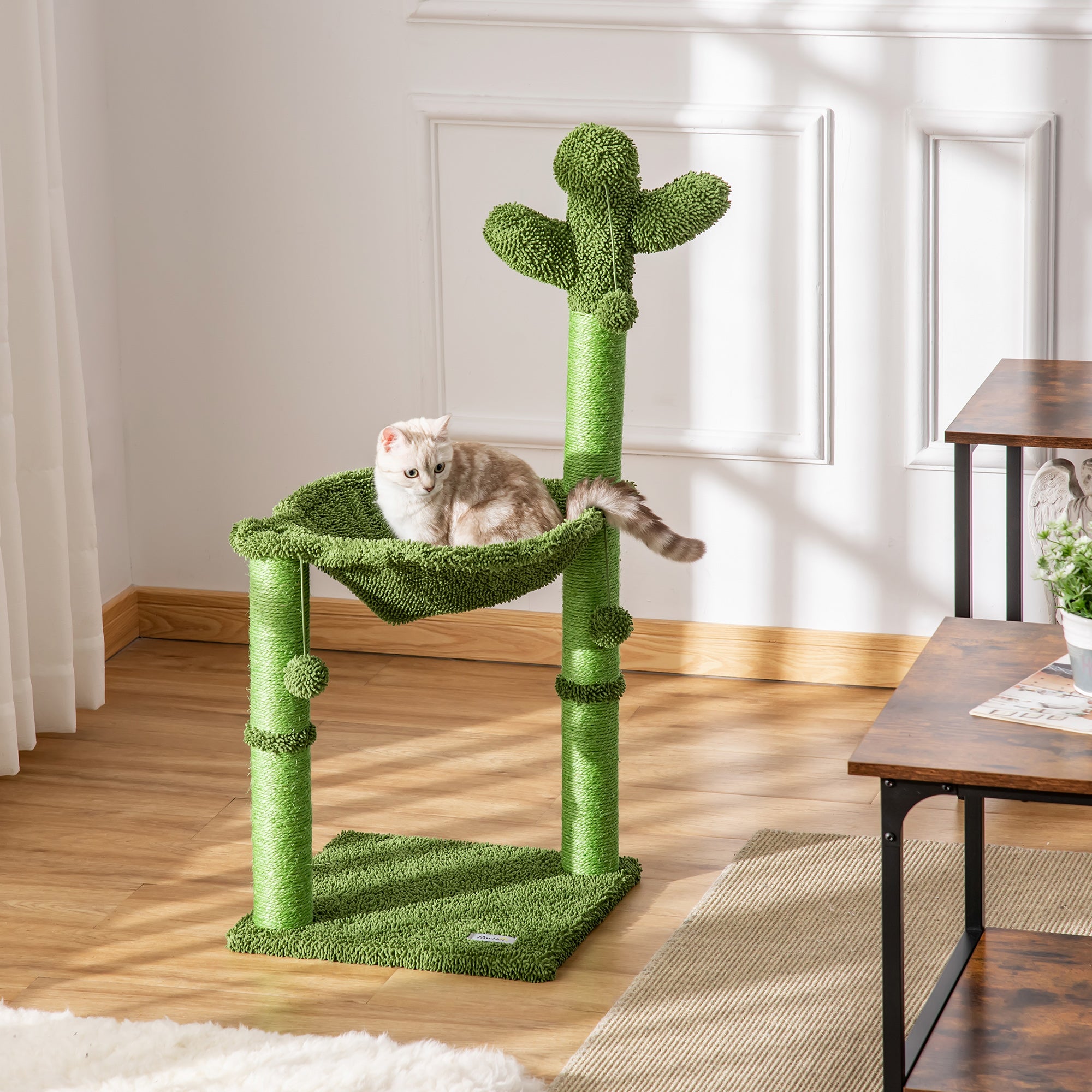 PawHut Cactus Cat Tree Tower for Indoor Cats Sisal Scratching Post with Hammock Bed Dangling Ball 40 x 40 x 96 cm