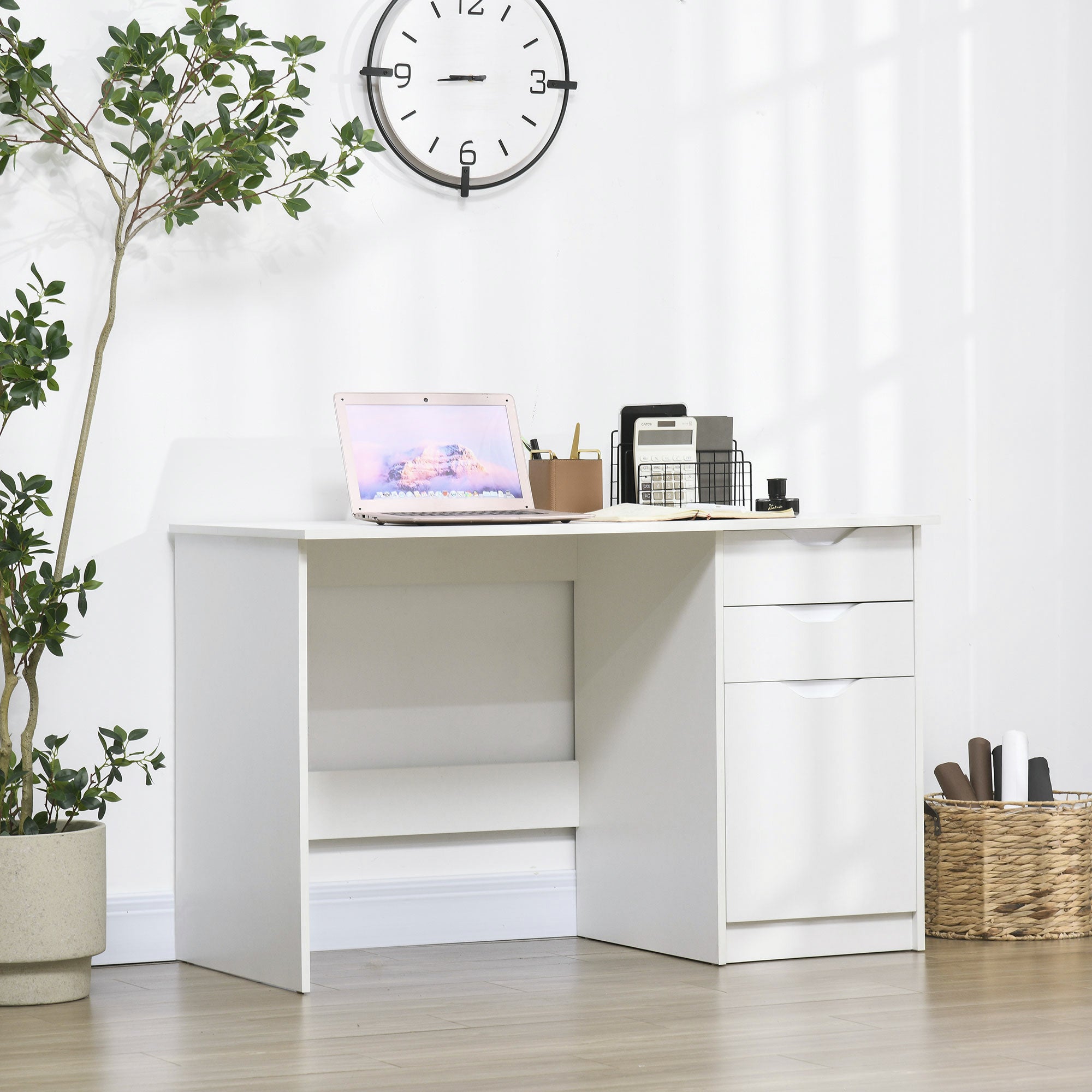 HOMCOM Computer Desk with Drawers, High Gloss Home Office Desk with Storage Cabinet, Study Workstation, 120 x 60cm, White - North Peak Garden Furniture