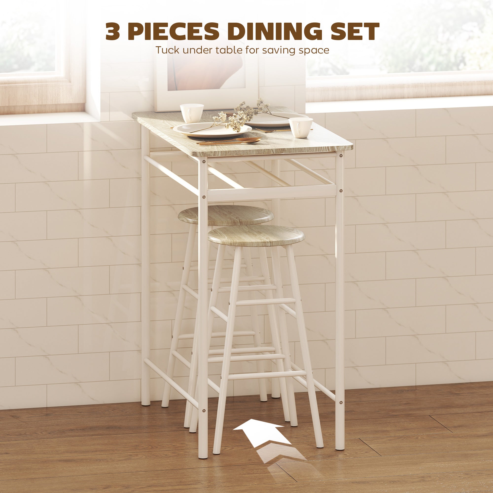 HOMCOM Bar Table Set, Bar Table and Stools Set, Footrest and Storage Shelf, for Kitchen, Dining Room, Pub, Cafe, White and Oak