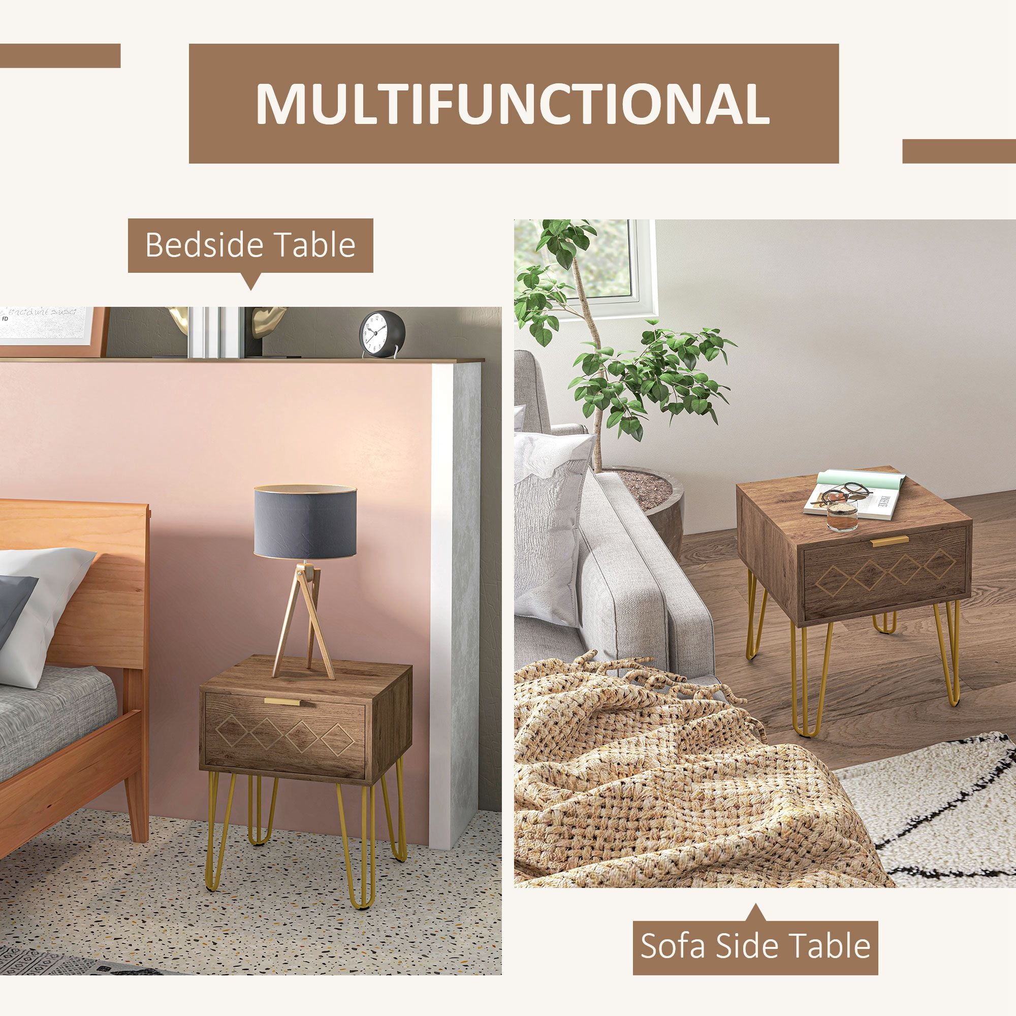 HOMCOM Bedside Table with Drawer, Wooden Nightstand, Modern Sofa Side Table with Gold Tone Metal Legs for Bedroom - North Peak Garden Furniture